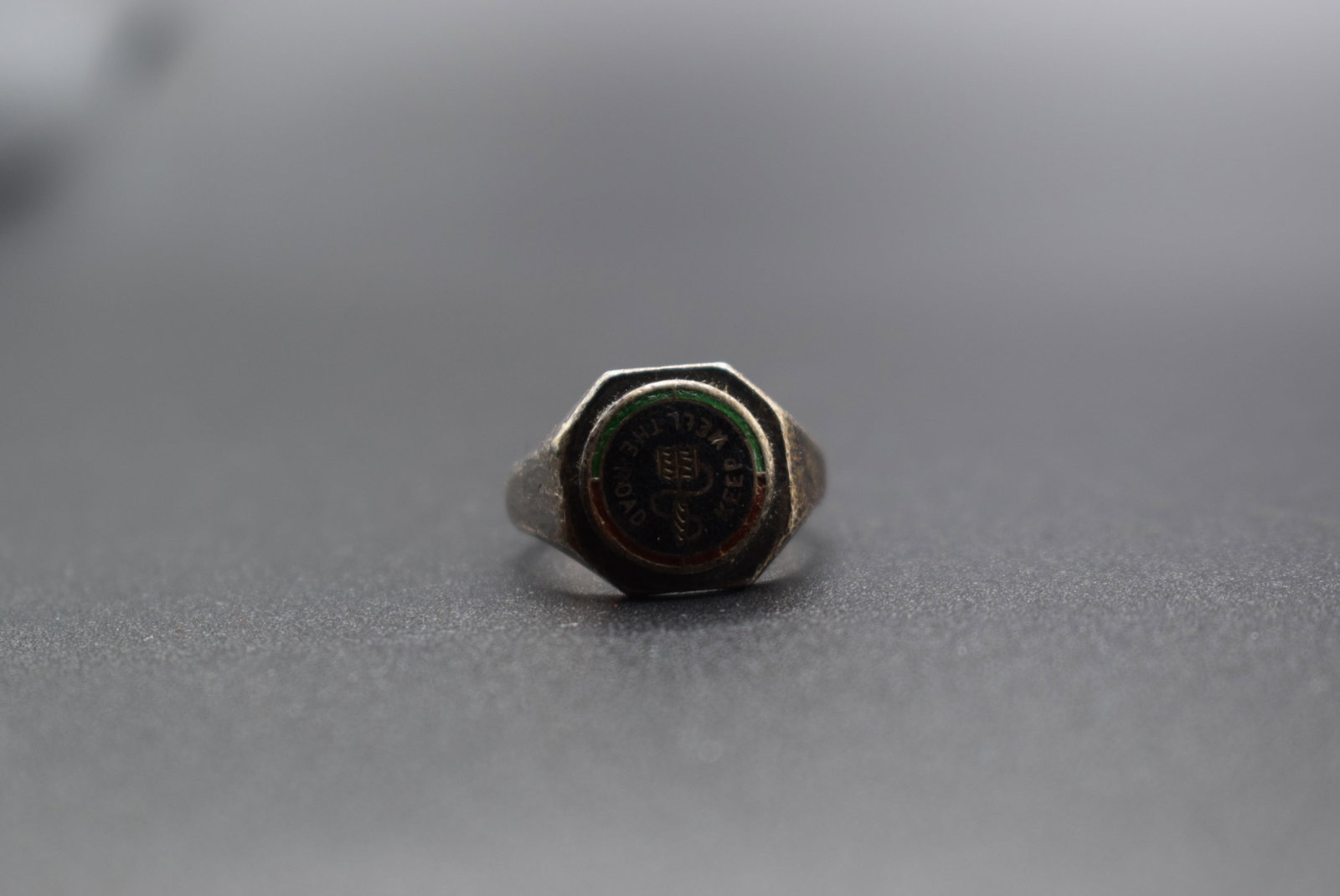 Birks Sterling 40's Silver 925 vintage Ring Enamel Keep well the road size 6 .Lot#179: Birks Sterling 40's Silver 925 vintage Ring size 6 Enamel top written Keep well the Road , vintage patina to the inside and signed Birks Sterling inside.