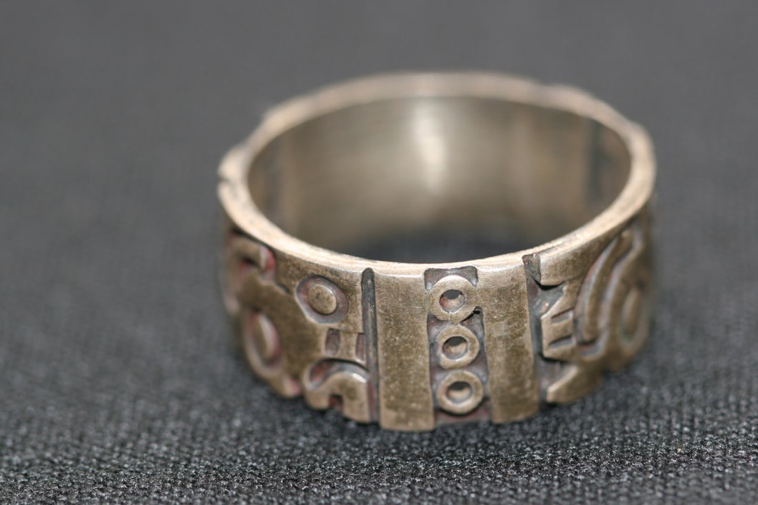 Mexico LMH Sterling Silver 925 story Band Ring Eagle 3 Taxco Vintage Size 11   .Lot#217 (1 of 3)