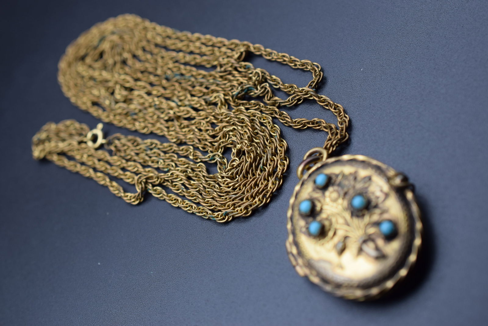 Amazing Triple Length Chain and Vintage Locket Pendant Lot#CF 276: Amazing Triple Length Chain and Vintage Locket Pendant measures of the chain 26" long and the locket measures 1 5/8" x 1 3/8" some verdigris see pics