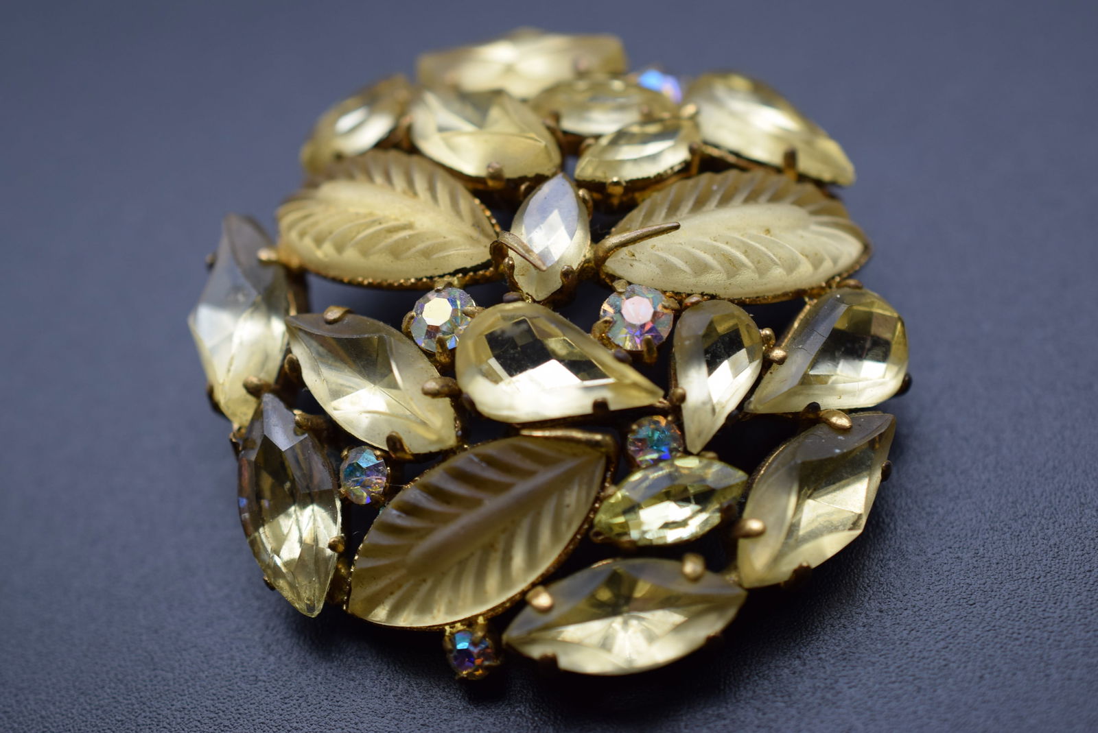 Outstanding Austria Art Fruit Glass Leaves Lemon 1930's Brooch Pin Austria Lot#CF 312: Outstanding Austria Art Fruit Glass Leaves Lemon 1930's Brooch Pin Austria measures 2" in diameter