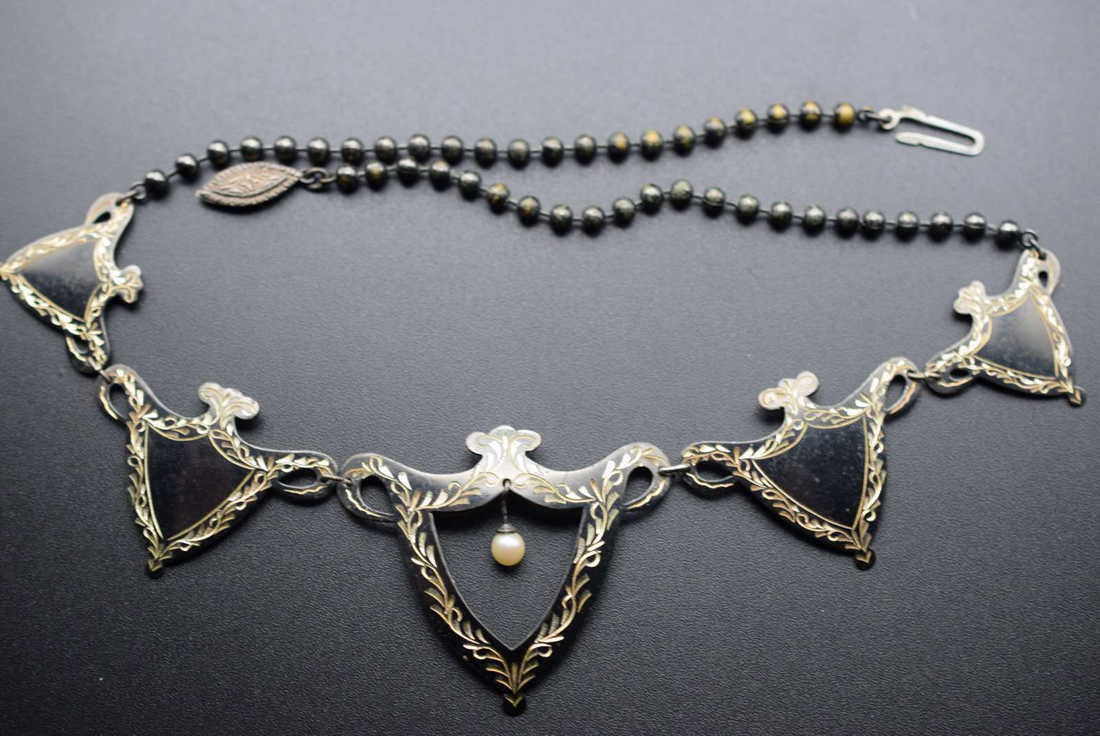 Edwardian Silver Black with Pearl Necklace Lot#CF 397: Edwardian Silver Black with Pearl Necklace most Delicate Enamel measures 15 1/4" long by 1 1/2" signed Silver on the clasp