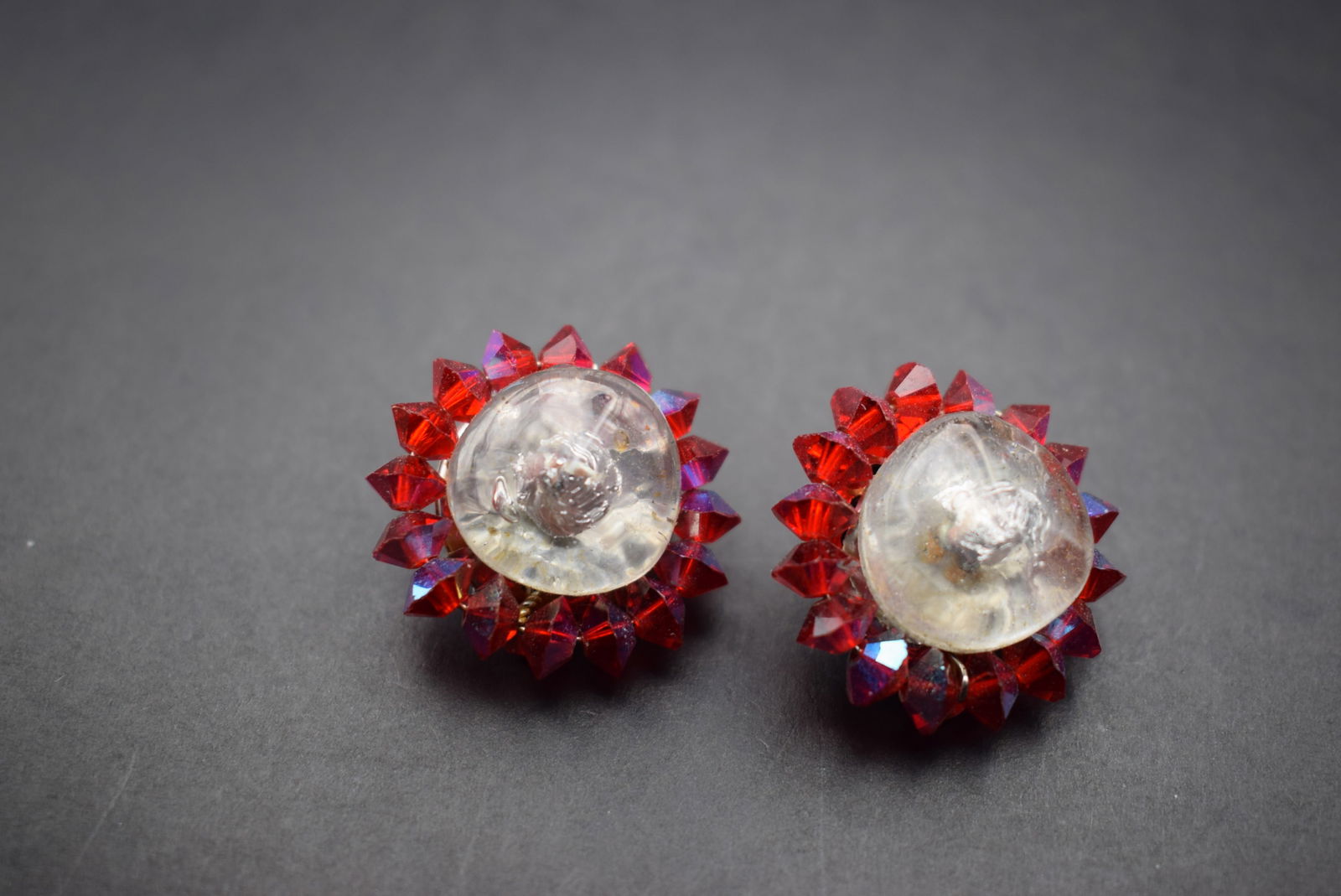 Sherman Art Glass Rare Clip Earrings Signed vintage Lot 412: Sherman Art Glass Rare Clip Earrings Signed vintage measures 1 1/8" in diameter signed on the backs glass centers and red crystals