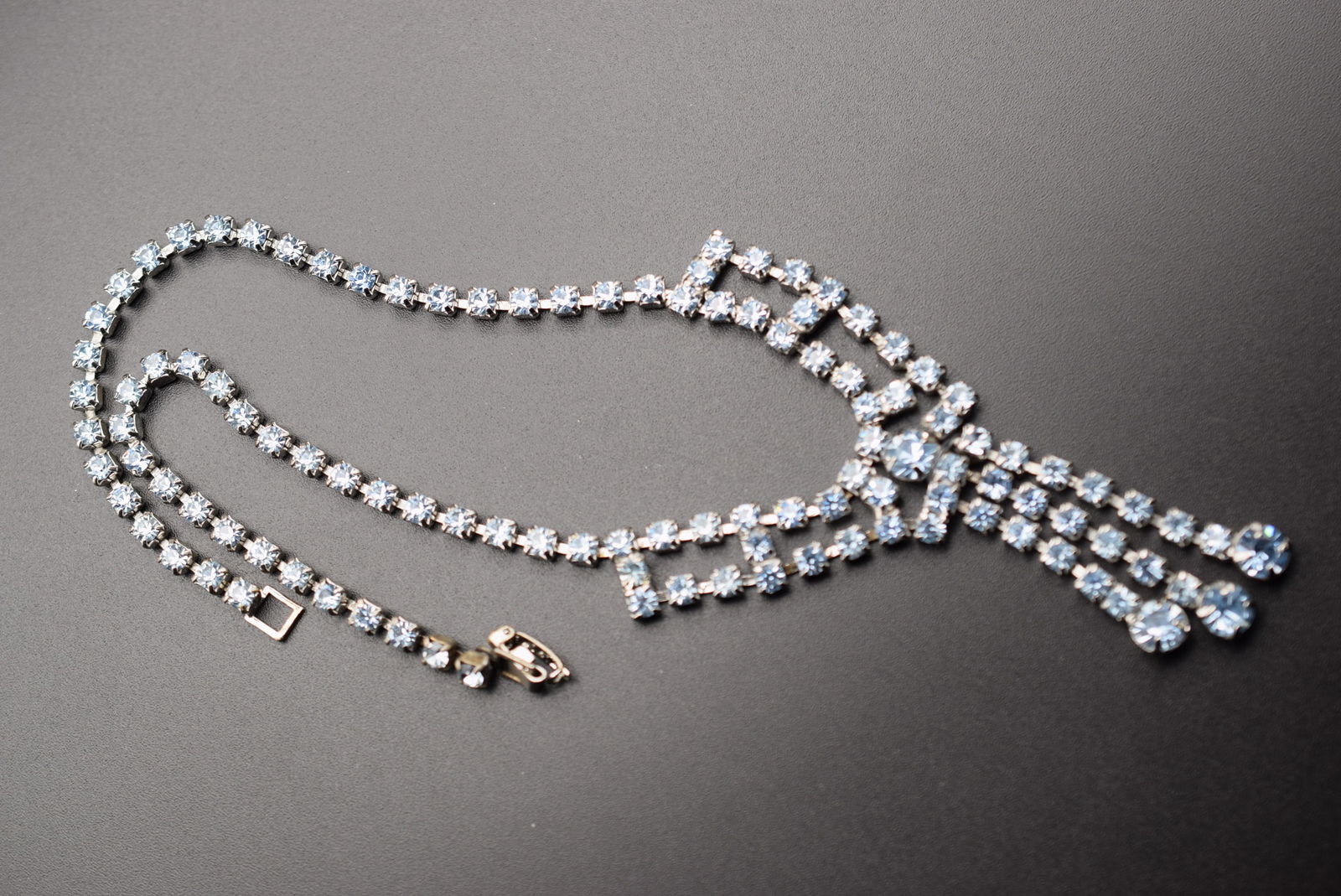 Baby Blue Rhinestone Vintage Necklace Lot#CF 440: Baby Blue Rhinestone Vintage Necklace 1940's measures 15" long drop front 2 1/4" unsigned