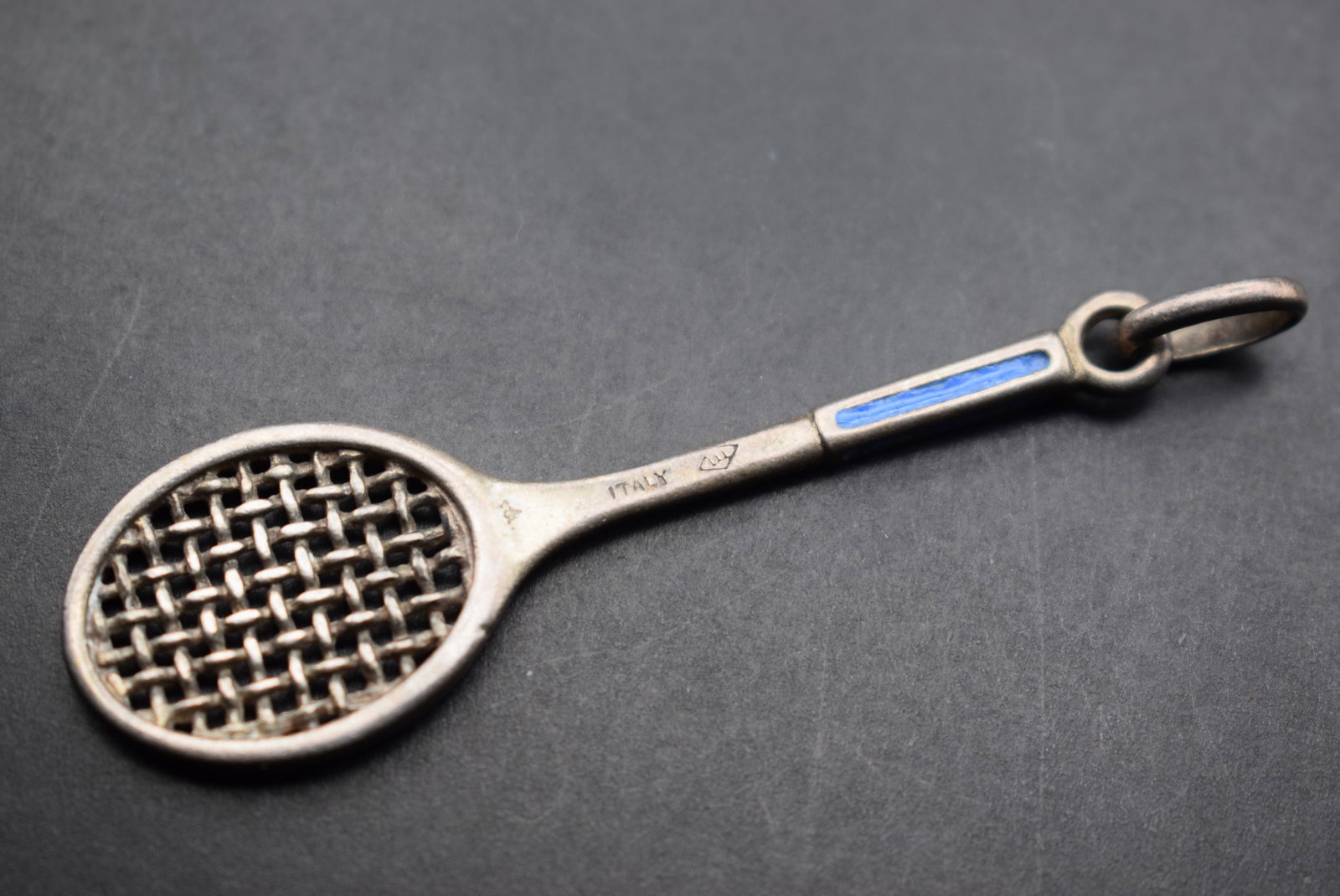 Tennis Racket Pendant Made Italy Sterling Silver 925 Lot 457: Tennis Badminton Racket Pendant Made Italy Sterling Silver 925 weighs 6 grams measures 2 3/8" x 3/4" enamel blue handle signed in 3 places see photos