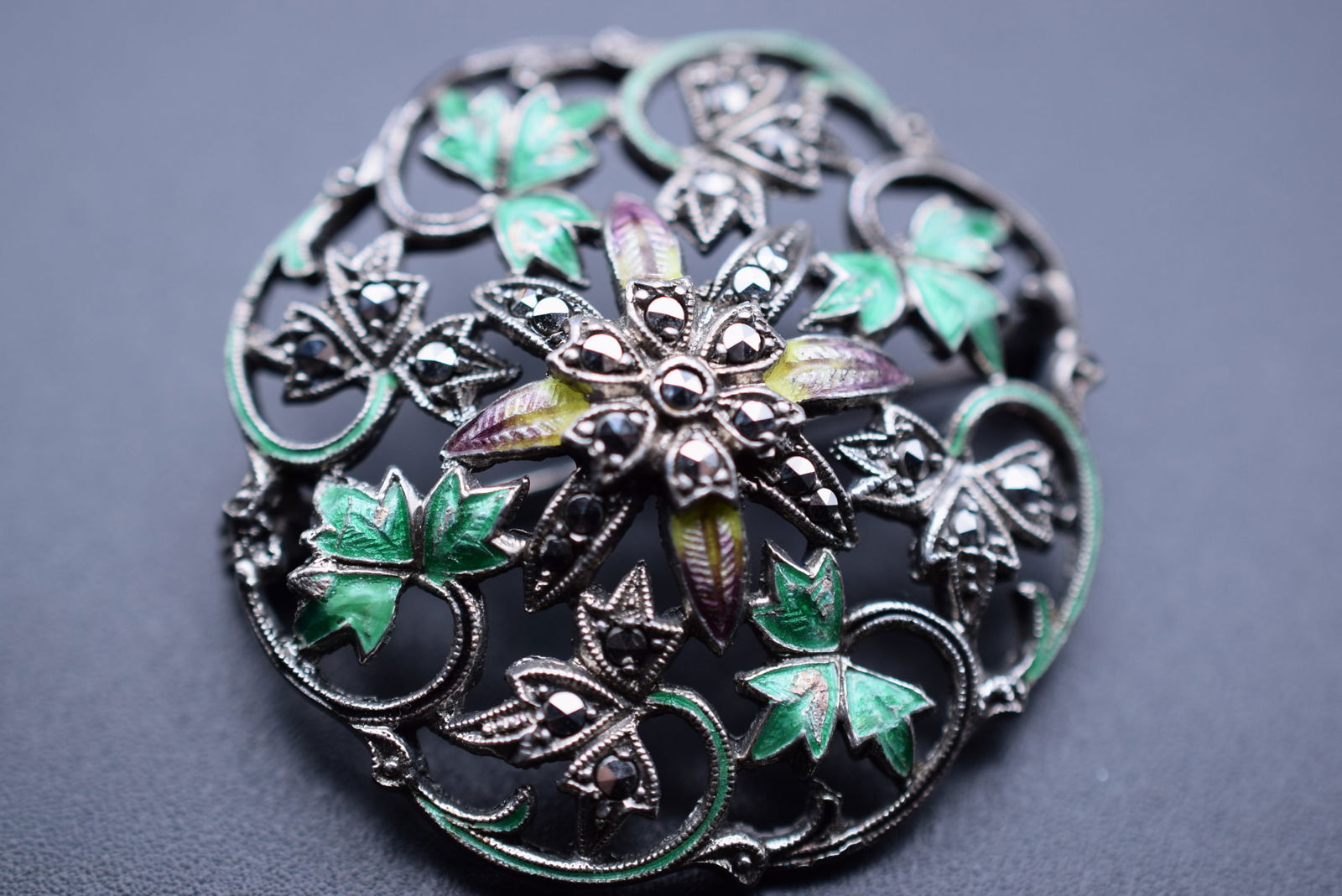 Rare Enamel Utika 935 Marcasite Enamel Brooch Pin Sterling Vintage Lot# DG 285 (1 of 5)