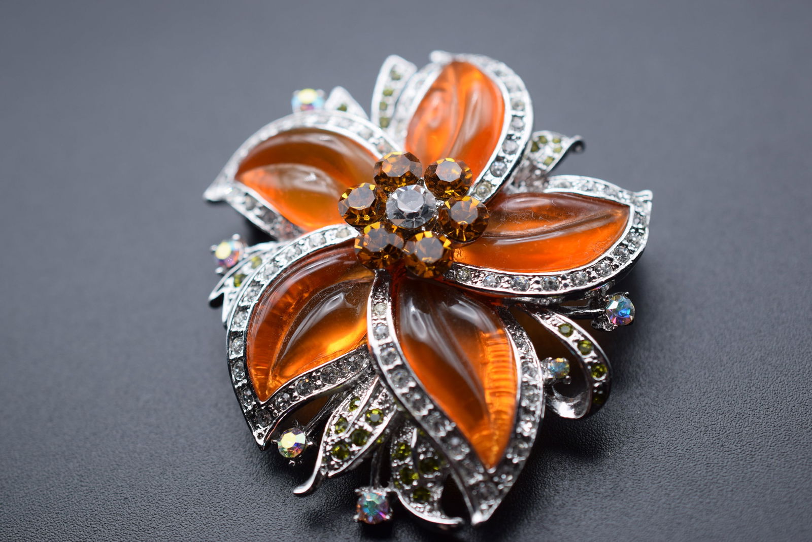 Orange and Rhinestone Brooch Pin Vintage Lot# DG 322 (1 of 4)