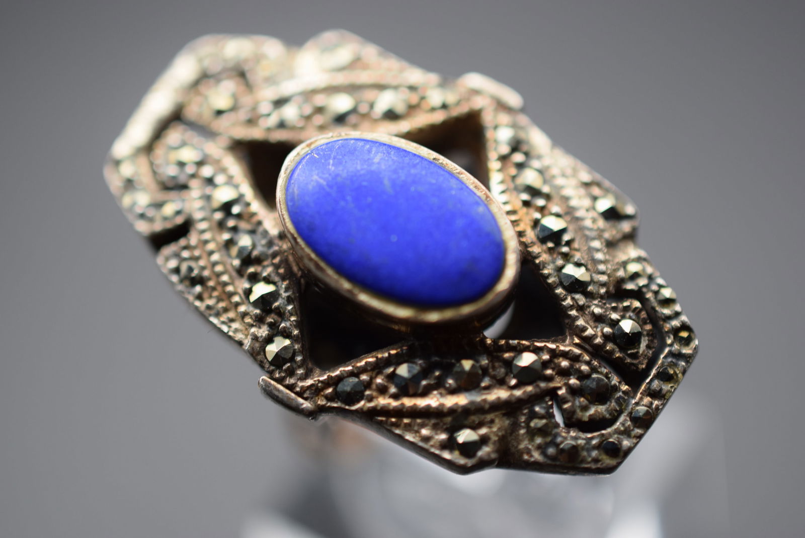 Lapis Marcasite Full Finger Ring WOW Sterling Silver 925 Size 6.25 Lot 412 (1 of 5)
