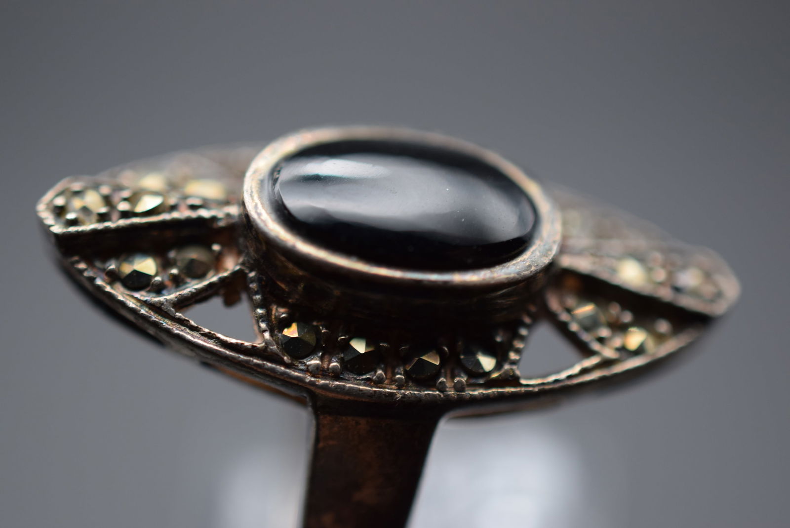 Onyx Marcasite Sterling Silver 925 Ring Size 6.75 Lot 415 (1 of 5)