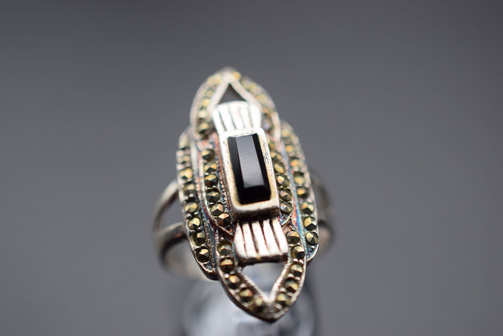 Onyx Marcasite Full Finger Ring Sterling Silver 925 Size 9 Lot 503 (1 of 3)