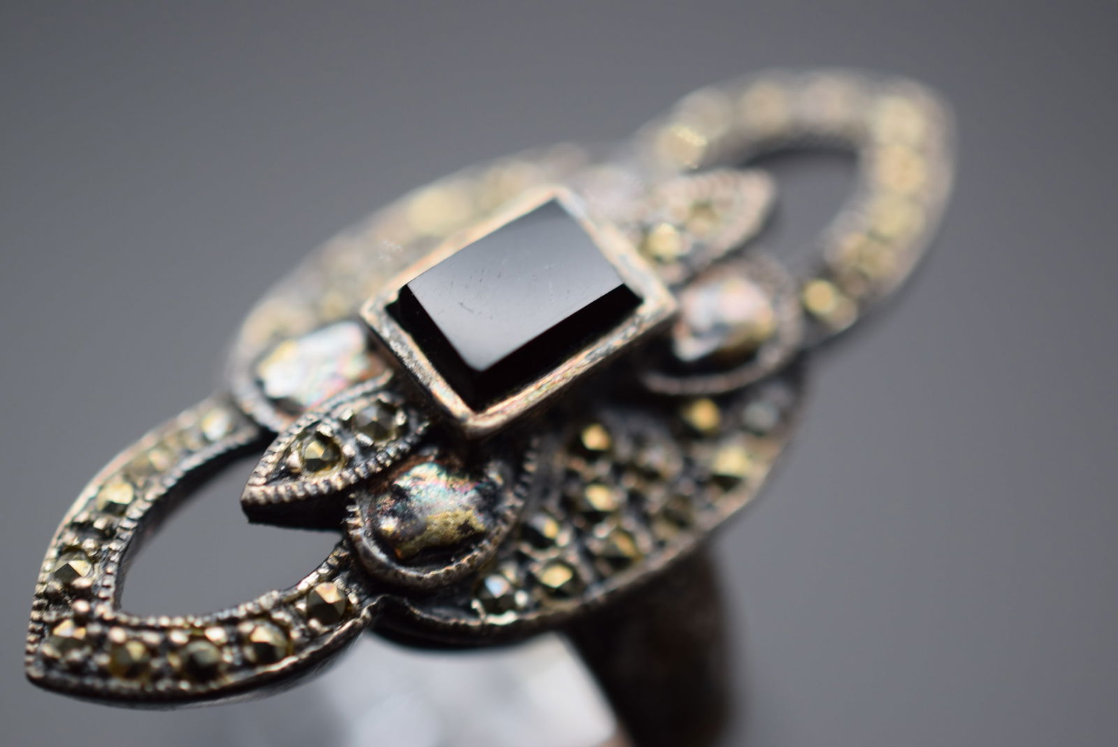 Onyx Marcasite Full Finger Sterling Silver 925 Ring Size 8.5 Lot 515 (1 of 6)