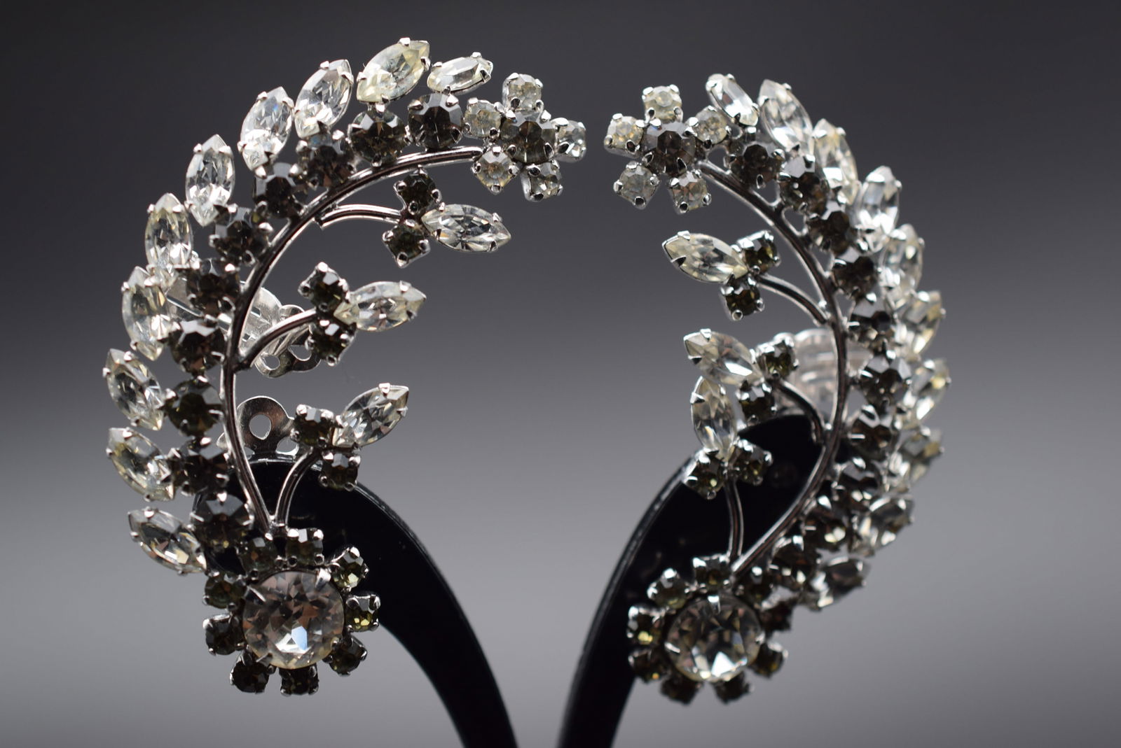 Sherman Double Clip Sweeper Earrings Rhinestone Vintage 1940's Lot# DG 667: Sherman Double Clip Sweeper Earrings Rhinestone Vintage 1940's measures 2 3/8" x 1 1/2" double signed (signed on each clip so four times)