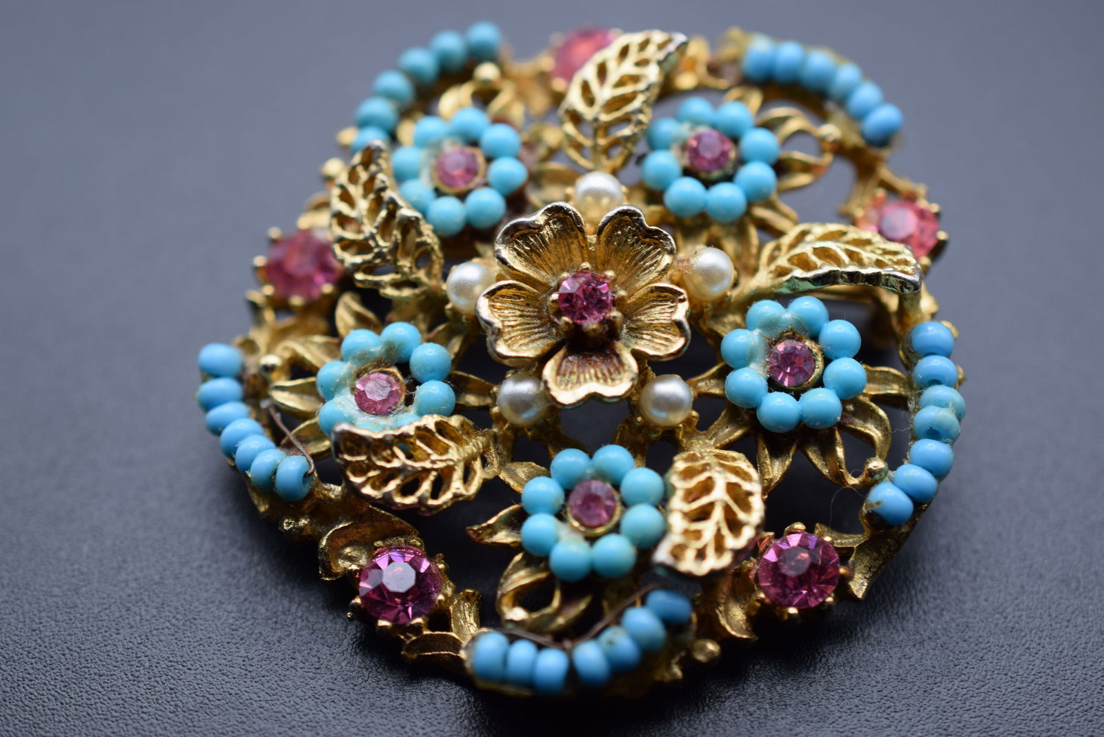 Coro Vintage Turquoise faux Ball and Rhinestone Brooch Pin 1940's Signed Lot# DG 751 (1 of 3)