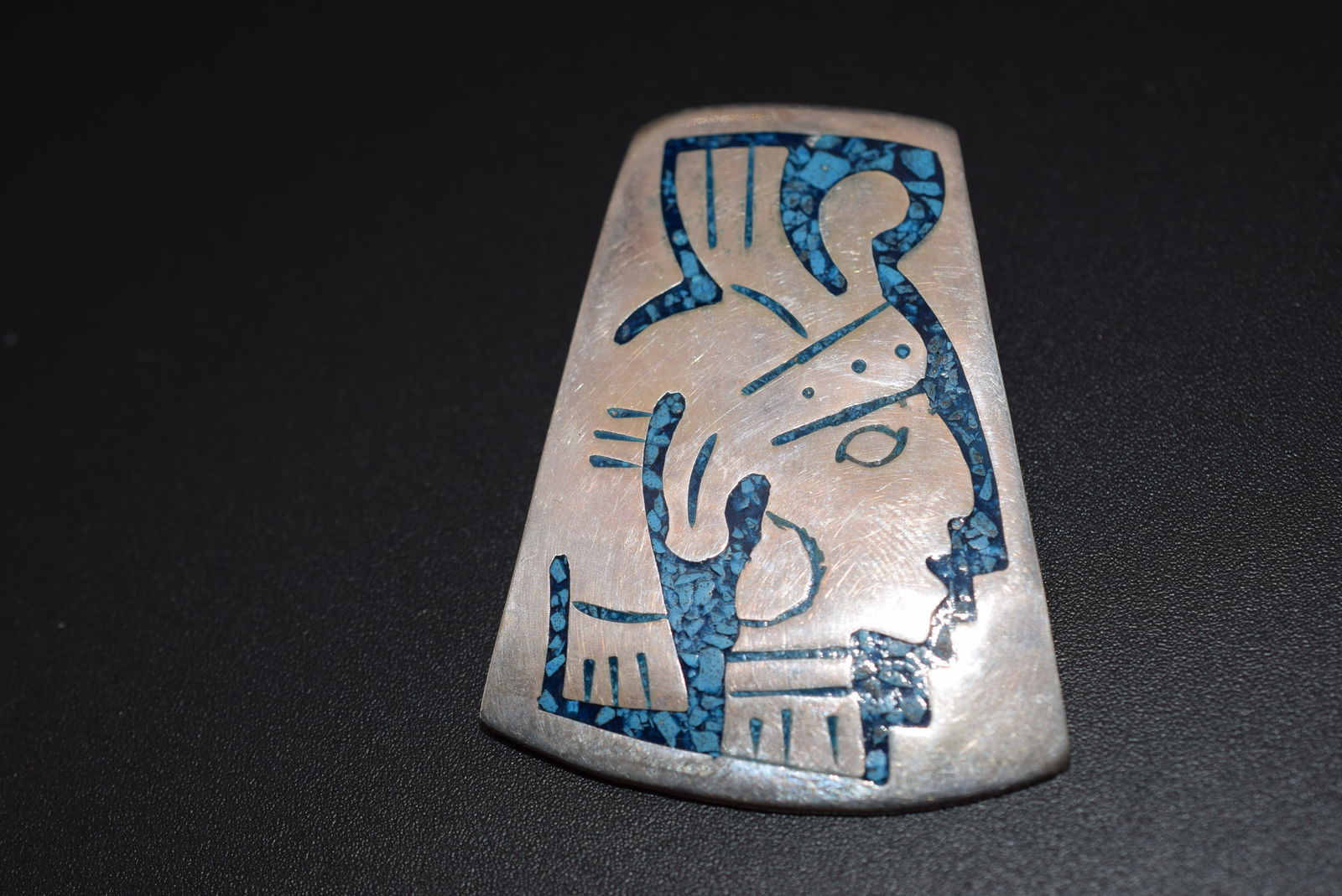 Mexico Mayan Face Turquoise inlaid Brooch Vintage Sterling Silver 925 Pendant Lot 844 (1 of 3)