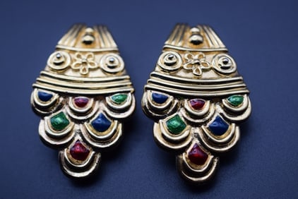 Chritian Dior Enamel Huge Signed Clip Earrings Vintage retired Lot 867: Chritian Dior Enamel Huge Signed Clip Earrings Vintage retired measures 2 1/8" x 1 1/4" signed Chr.Dior on clip backs and on the earrings inside double signed