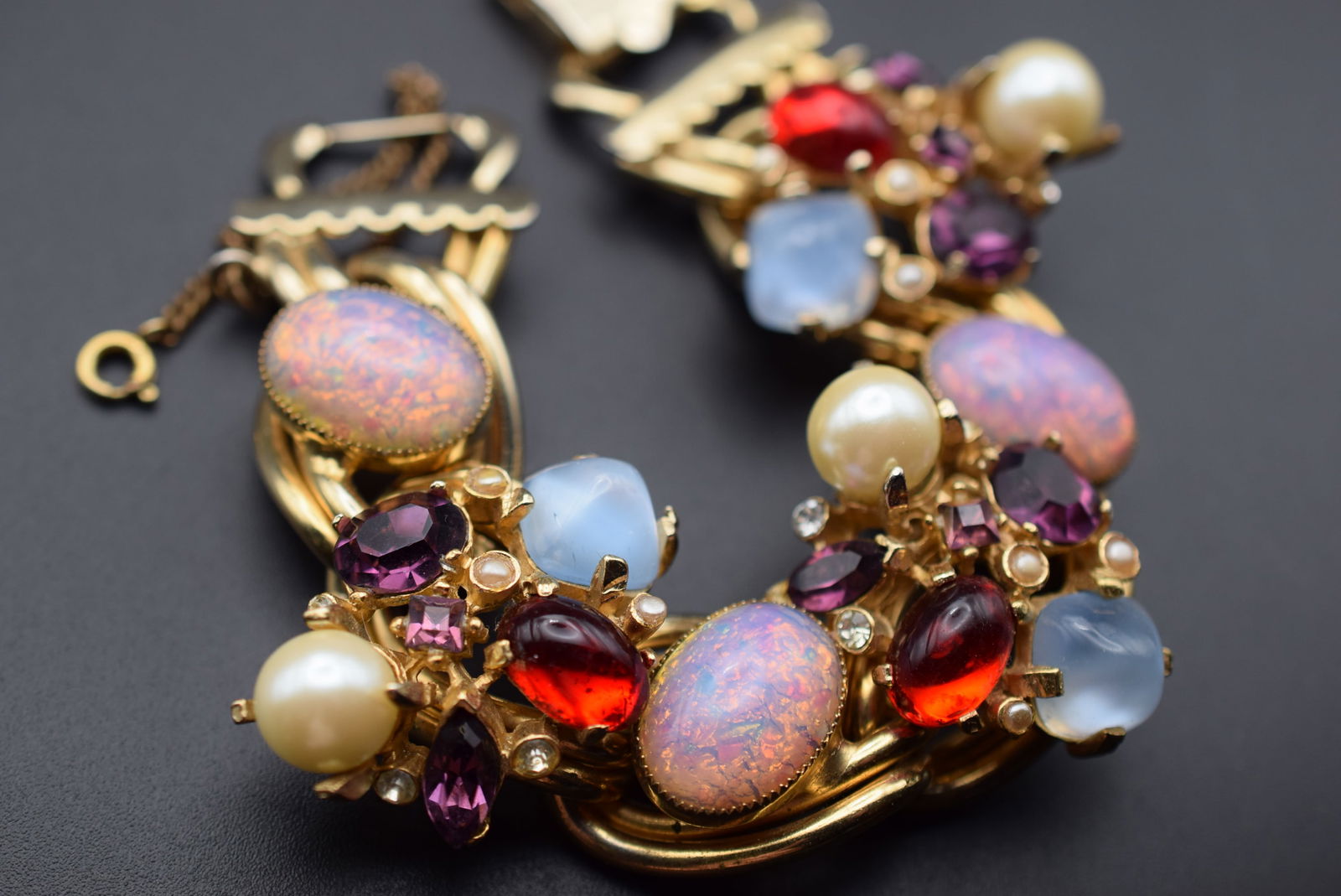 Juliana Easter Egg Vintage Chunky Bracelet Magnificent ! Lot DG 868: Juliana Easter Egg Vintage Chunky Bracelet measures 7 1/2" x 1 1/2" one claw on one big pearl missiing see last photo