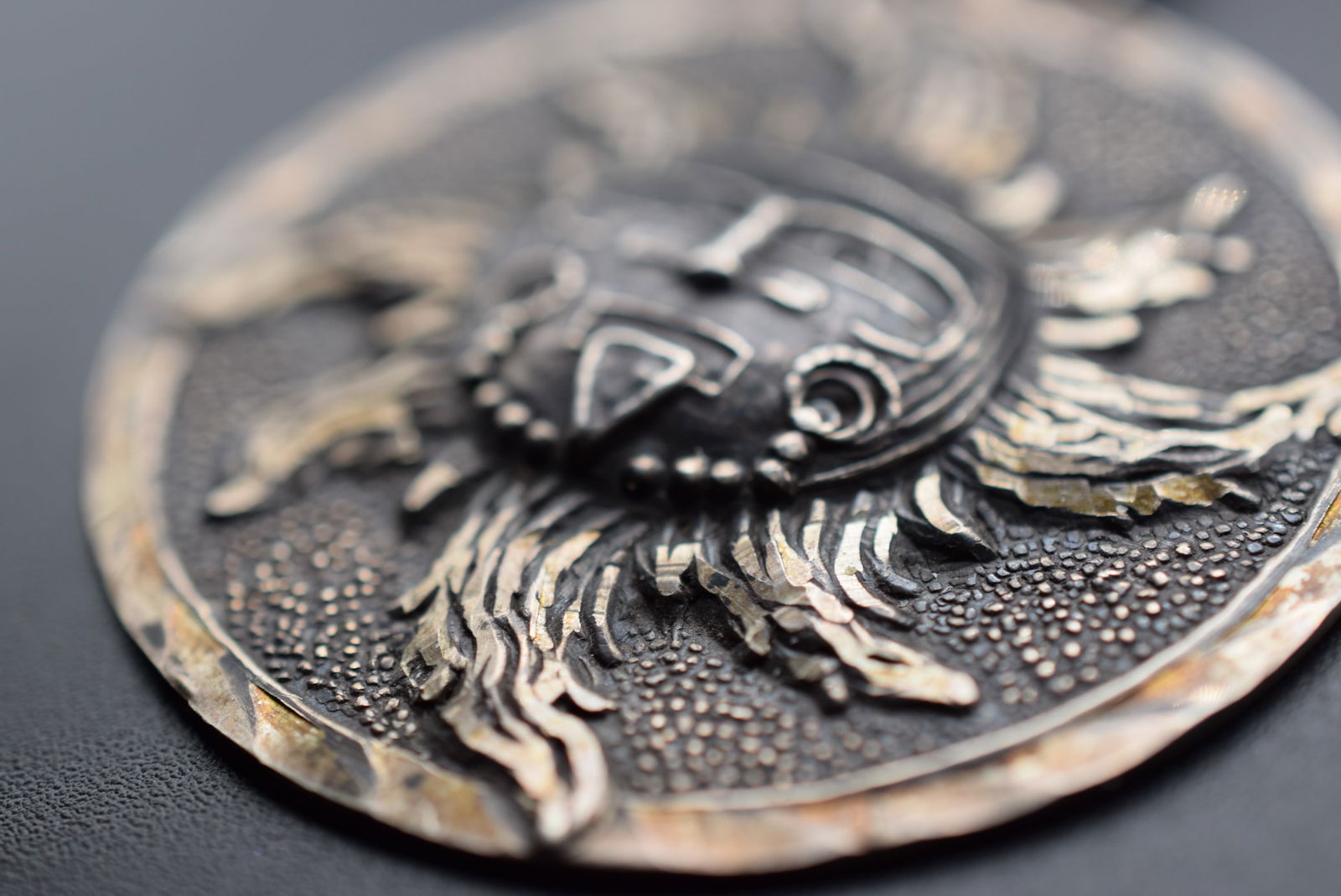 Repousse Mayan Sun Pendant Signed Pictorial Story on both sides Lot# DG 872 (1 of 3)