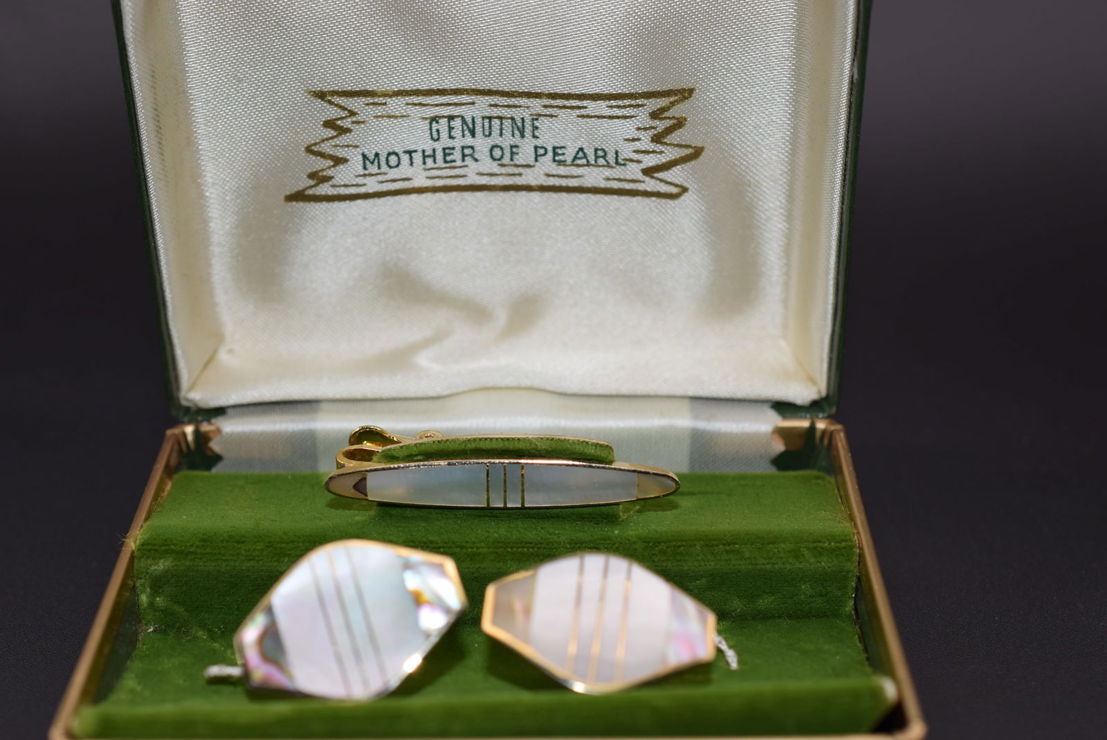 New Old Stock 1940's Cufflinks and Tie Bar Clip Mother Pearl Lot# DG 874 (1 of 9)