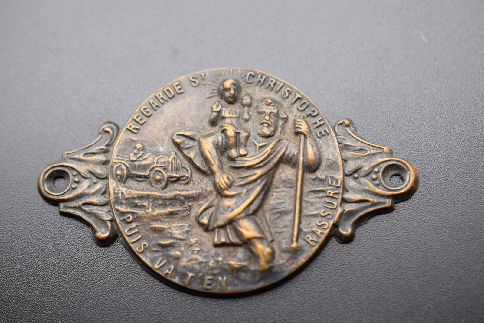 Old St.Christopher Sew on Medal French Vintage Lot# DG 892: Old St.Christopher Sew on Medal French Vintage measures 3" x 1 3/4"