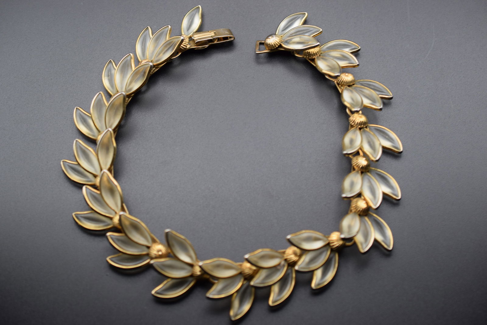 Trifari Rare Frosted Glass Necklace Signed Trifari Lot DG 894: Trifari Rare Frosted Glass Necklace Signed Trifari with crown over the T measures 13" x 1"