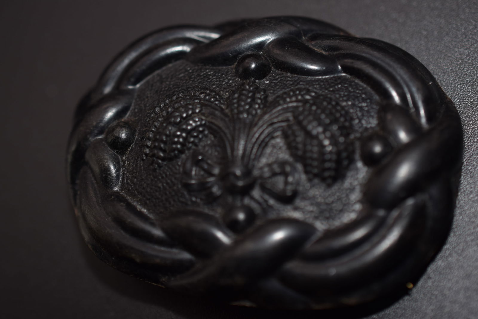 Edwardian Mourning Jewelry Black Wood Brooch Repousse carved Pin Vintage Lot 1105: Edwardian Mourning Jewelry Black Wood Brooch Repousse carved Pin Vintage measures 2 1/8" x 1 5/8" pin back clasp broken off on end C