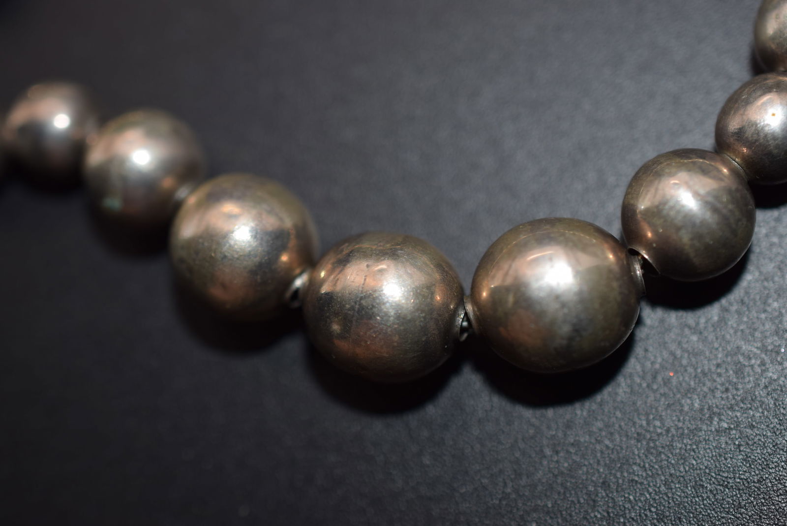 Mexico Sterling Balls Necklace Silver 925 Lot 1113: Mexico Sterling Balls Necklace Silver 925 measures 15 1/2" largest ball 1/2" balls range in size from 6mm to 13mm weighs 13.67 grams signed Hecho En Mexico 925 on the clasp