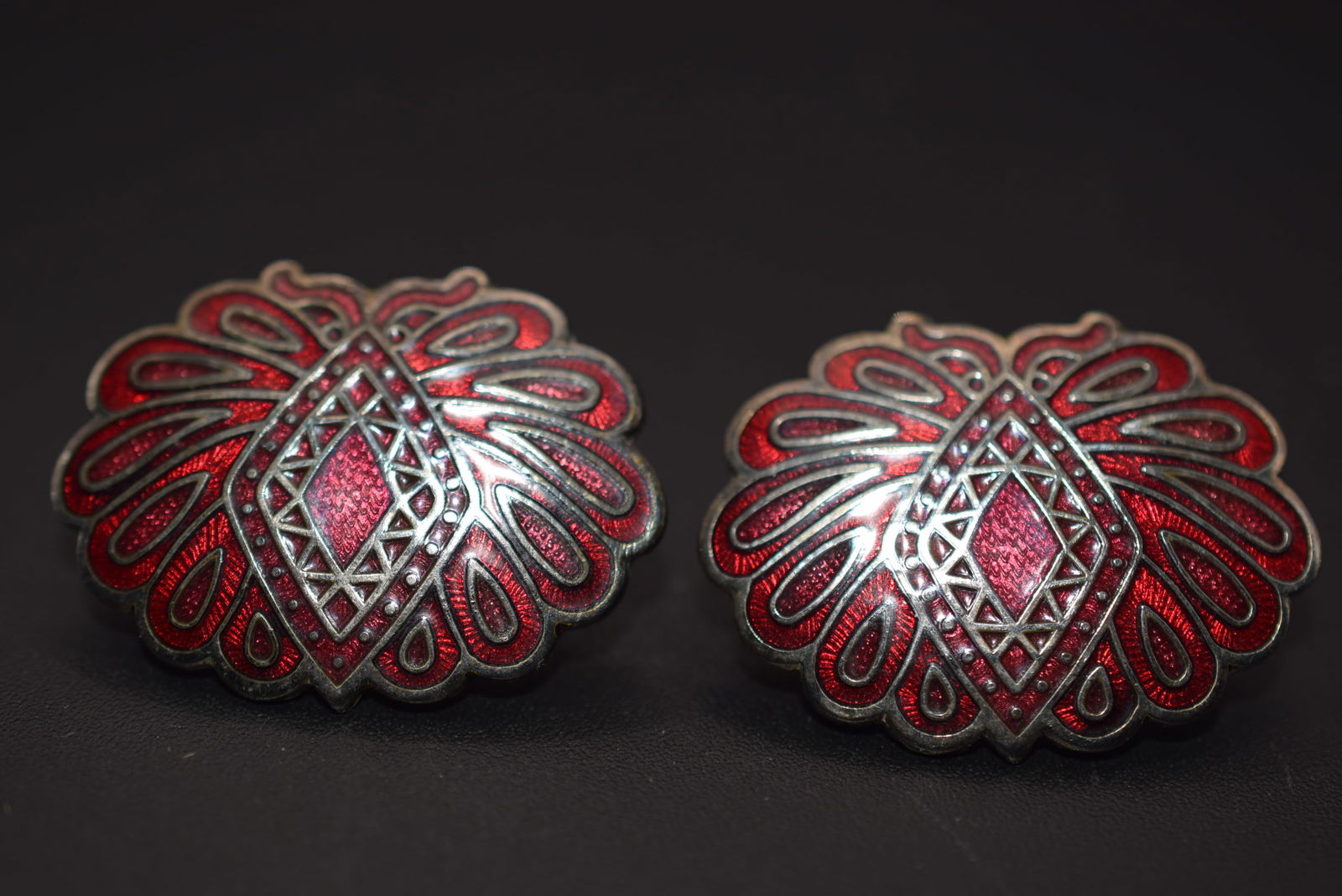 Siam RED Enamel Pierced Earrings Signed SG Lot 1129: Siam RED Enamel Pierced Earrings Signed SG measures 1 1/8" x 7/8" signed SG