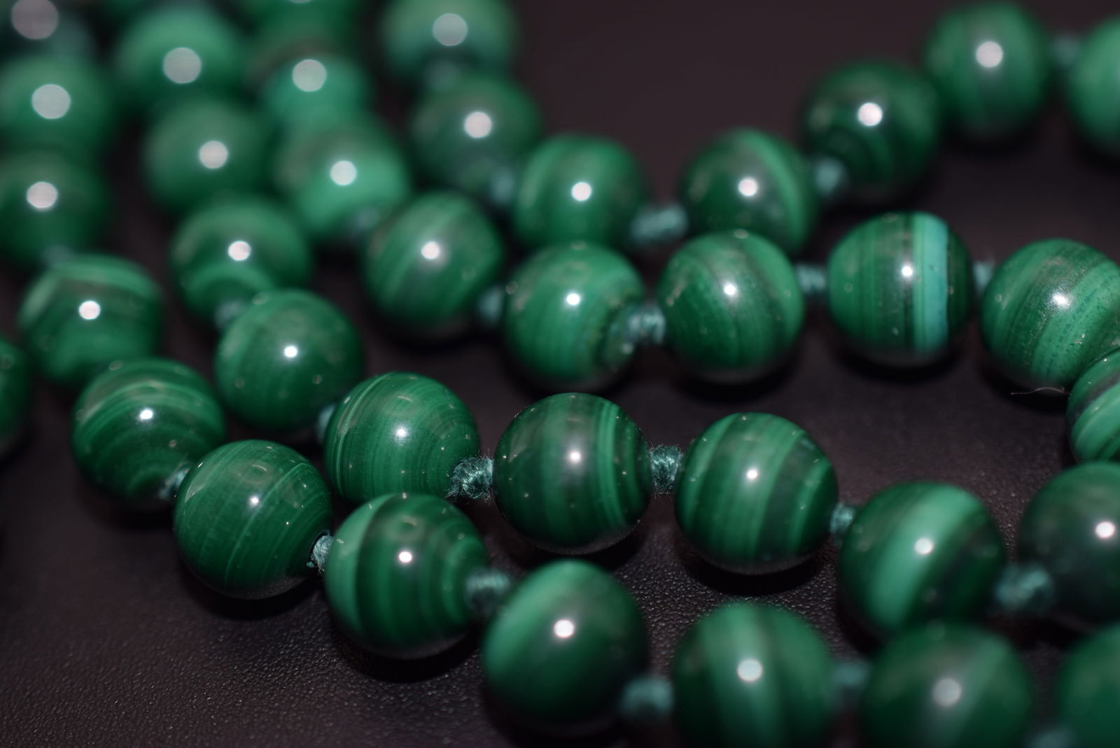 Malachite Knotted Sterling Silver 925 Vintage 8mm Necklace Lot 1139: Malachite Knotted Sterling Silver 925 Vintage 8mm Necklace measures 25" long signed Jka 925 on the clasp