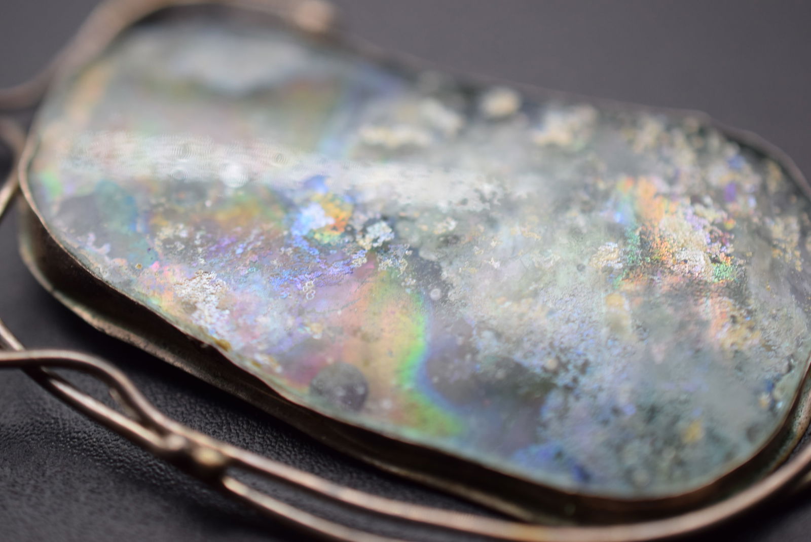 Handmade Pendant signed Jack Cohen Iridescent stone center vintage Lot 1141: Handmade Pendant signed Jack Cohen Iridescent stone center vintage measures 3" x 1 3/8"