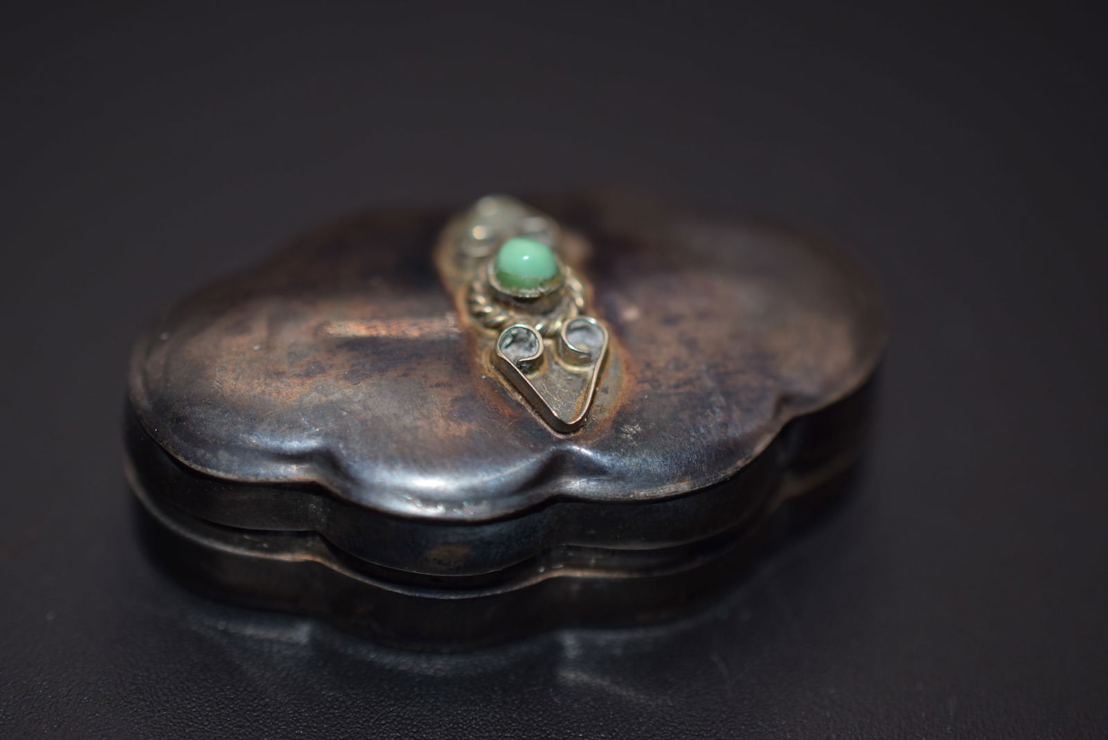 Mexico Sterling Signed Turquoise Vintage Pill Box Lot 1191: Mexico Sterling Signed Turquoise Vintage Pill Box weighs 7.1 grams measures 1 5/8" x 1" signed CMP Sterling on the back