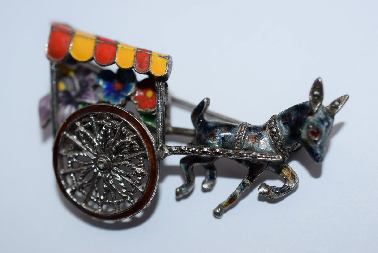 Enamel Donkey Moveable Cart Brooch Pin 800 Silver Vintage Lot EH 27: Enamel Donkey Moveable Cart Brooch Pin 800 Silver Vintage measures 2 1/4" x 1 3/8"
