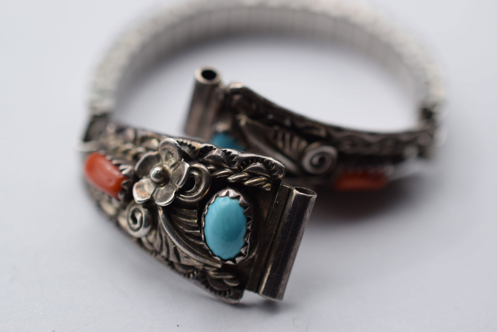 Southwest Old Pawn Navajo Watch Band Turquoise Coral Signed Script Sterling Lot EH 48: Southwest Old Pawn Navajo Watch Band Turquoise Coral Signed Script Sterling measures 5 1/4" unstretched signed Sterling on both ends weighs 12.5 grams