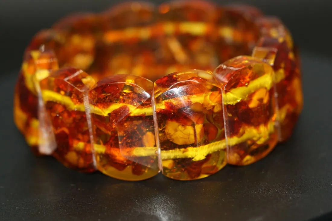 Pressed Amber Bracelet Stretch .lot#109: Pressed Amber Bracelet Stretch 2 3/8" opening unstretched beads measure 1 1/8" x 3/4"