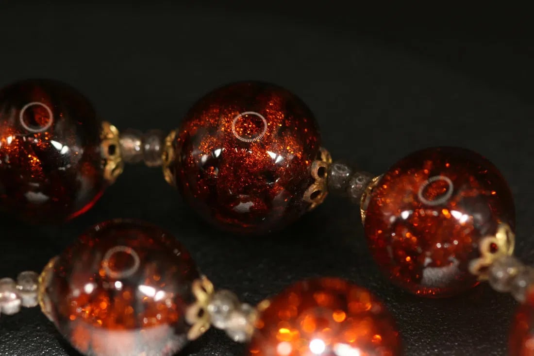 Murano Glass Necklace Goldstone 8mm Beads Vintage .lot#151: Murano Glass Necklace Goldstone 8mm Beads Vintage measures 16" long with a barrel clasp double capped beads
