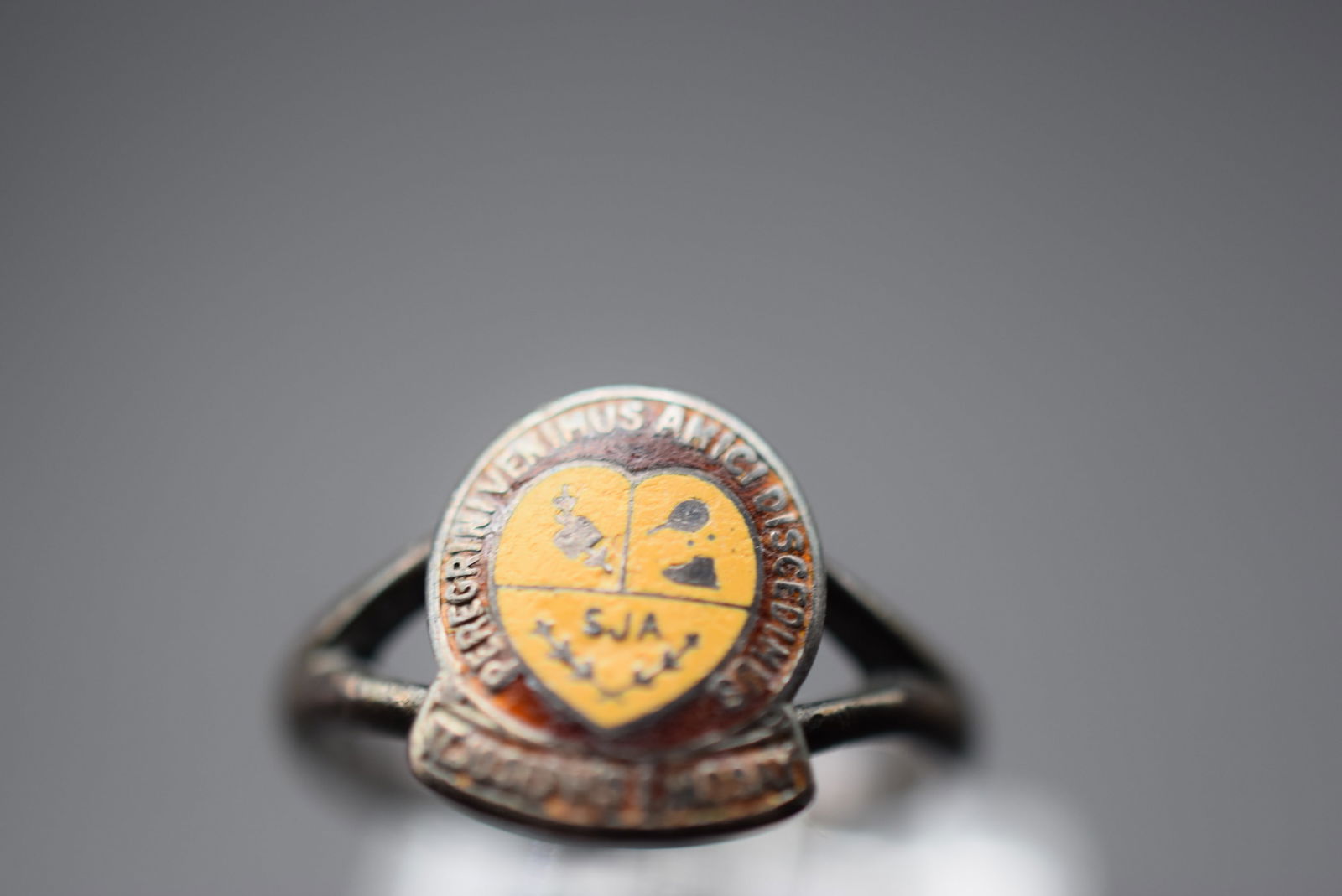 St.Joseph's Lindsay Sterling Latin Enamel Ring Vintage Size 5.75 Lot EH 187: St.Joseph's Lindsay Sterling Latin Enamel Ring Vintage Size 5.75 top measures 1/2" signed Sterling inside weighs 3.33 grams