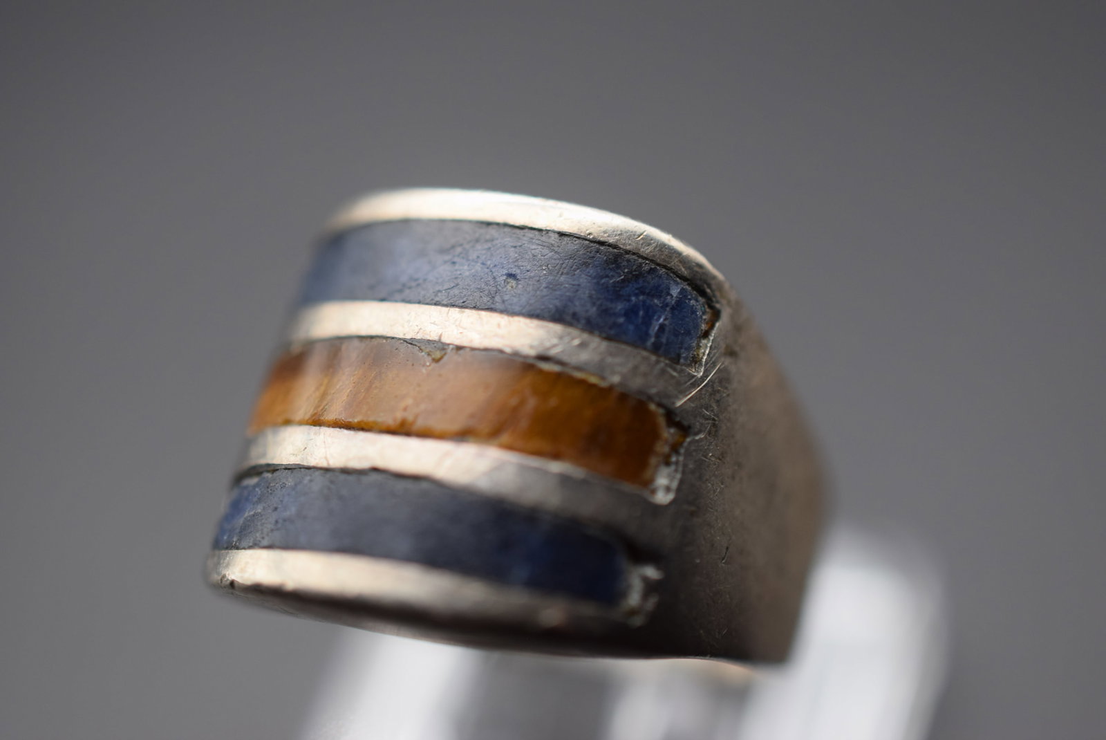 Lapis Tiger Eye Sterling Ring Size 7.25 Lot EH 244: Lapis Tiger Eye Sterling Ring Size 7.25 top measures 5/8" unsigned weighs 8.7 grams