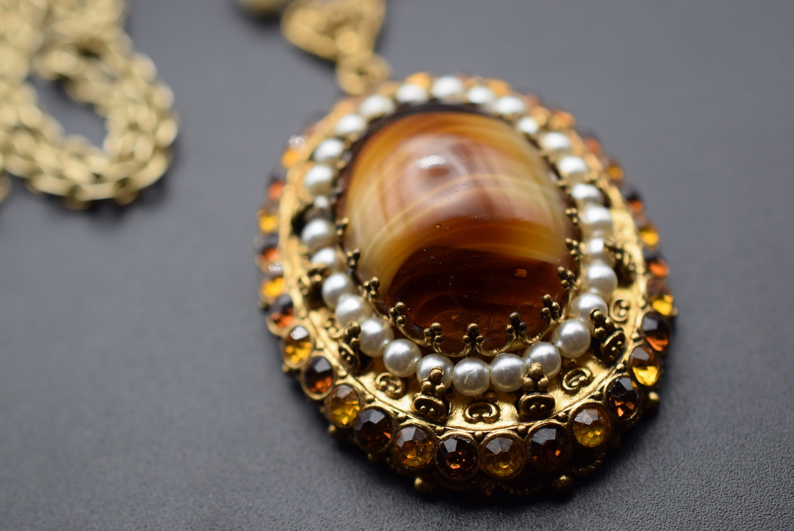 Glass Agate Vintage Filigree Necklace Lot EH 492: Glass Agate Vintage Filigree Necklace 24" long plus pendant 2 1/2"