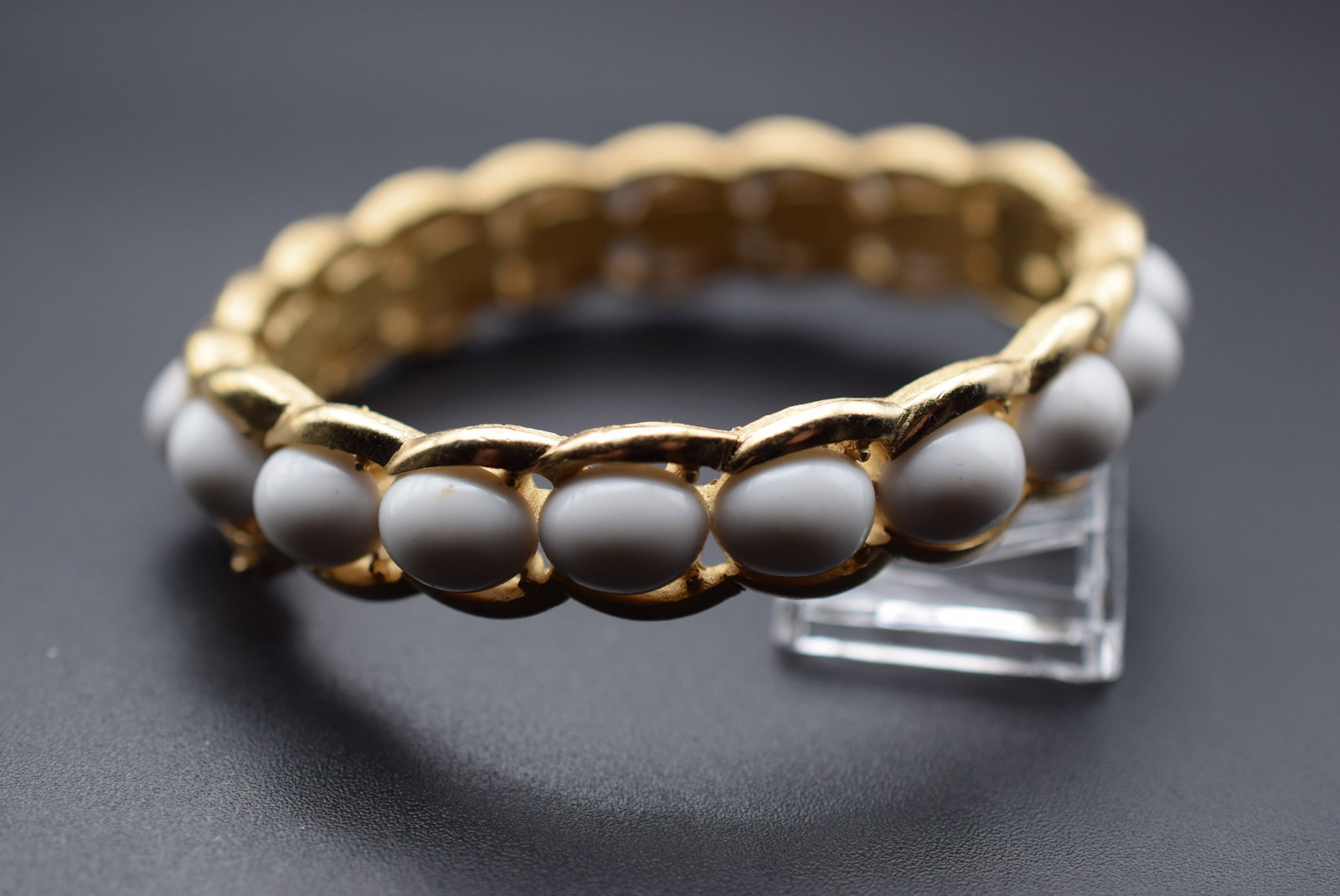 Trifari White Cabochon Bracelet Rigid Cuff Signed 1940's Lot EH 567: Trifari White Cabochon Bracelet Rigid Cuff Signed 1940's measures 1/2" wide