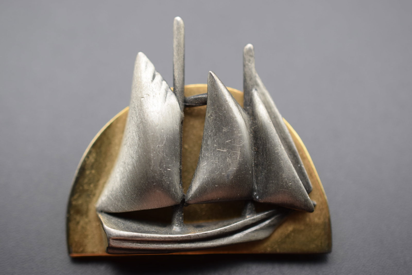JJ F&F Sailboat Brooch Pin Signed Lot EH 586: JJ F&F Sailboat Brooch Pin Signed measures 1 3/4" x 1 1/2" Signed on the back in script looks like JJ or FF