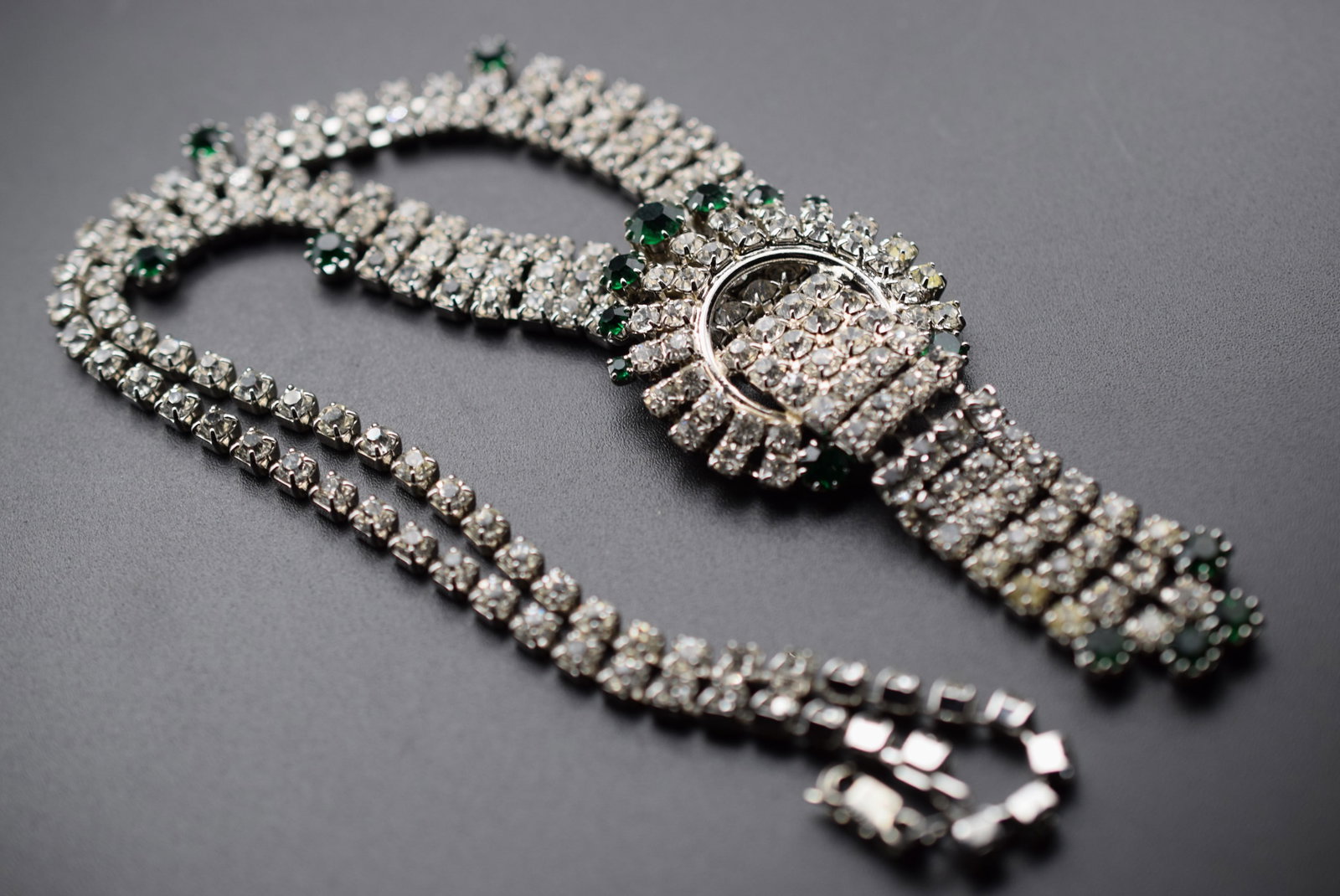 Rhinestone Cascade 1940's Necklace 1940's Vintage Lot EH 661: Rhinestone Cascade 1940's Necklace 1940's Vintage measures 17" x 3" drop Front