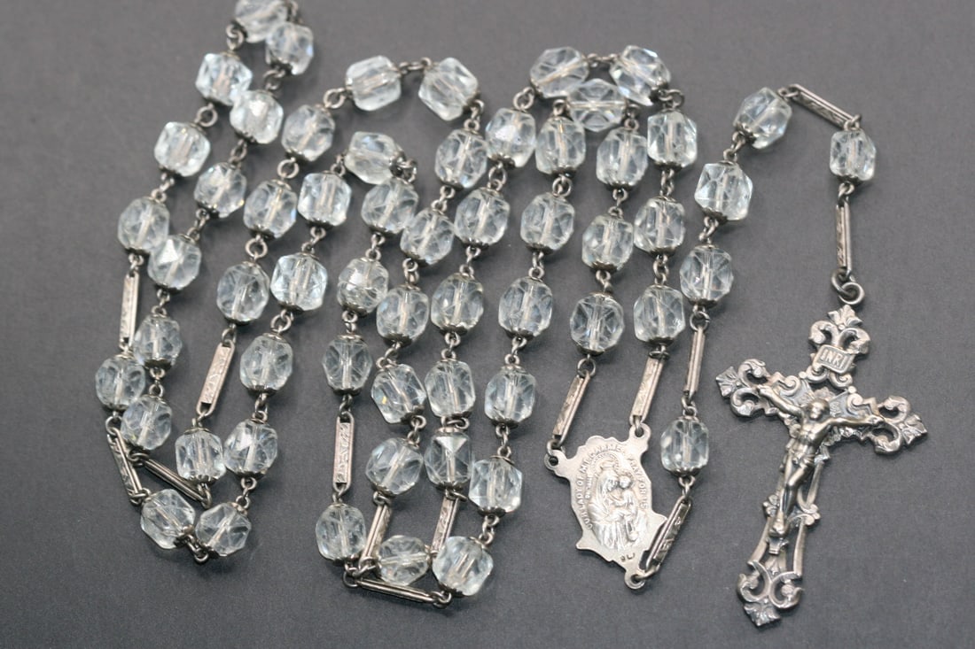 1952 AMAZING CC Sterling BMI Double Capped Sterling Crystal Lot 726: 1952 AMAZING CC Sterling BMI Double Capped Sterling Crystal every bead has signs of wear showing its decades of prayer it is magnificent and weighs a hefty quality 70.82 grams the back of the Crucifix