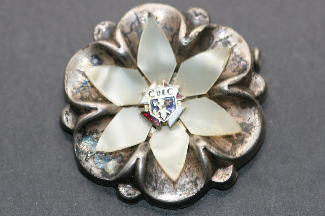 C de C Enamel Crest French Vintage Brooch Pin Flower MOP Lot 738: C de C Enamel Crest French Vintage Brooch Pin Flower MOP measures 1 3/8" in diameter
