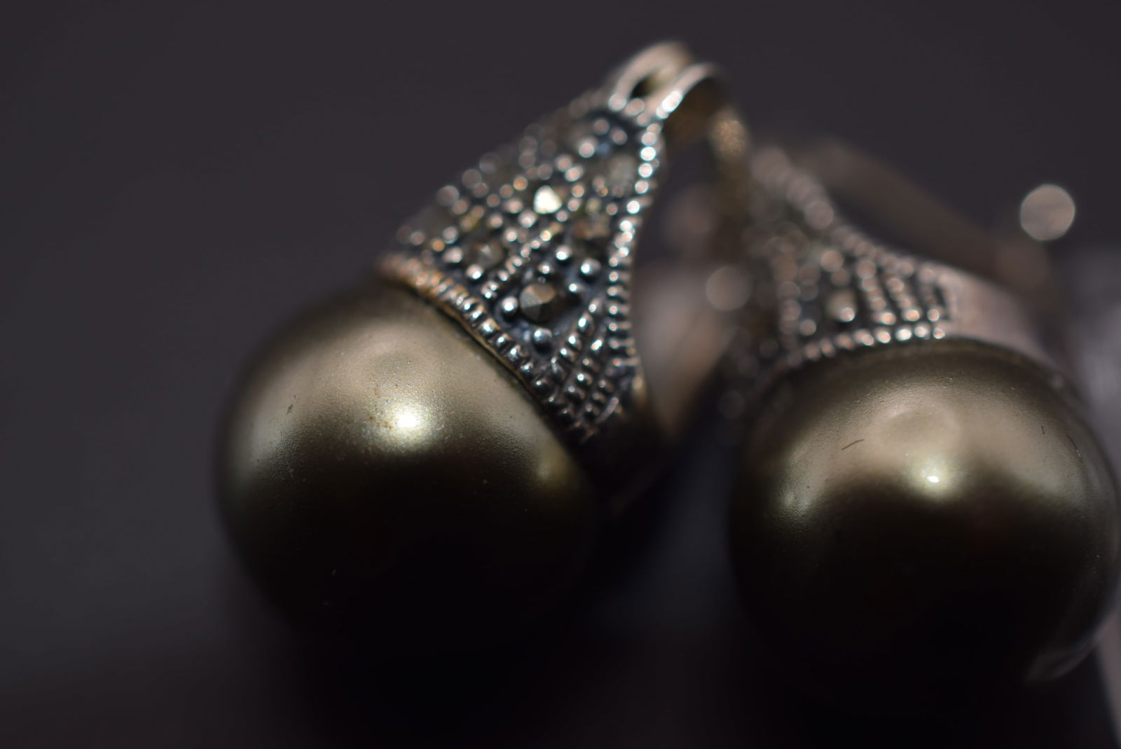 Sterling Grey Pearl Marcasite Pierced Earrings Lot EH 809: Sterling Grey Pearl Marcasite Pierced Earrings measures 7/8" x 1/2" signed 925 weighs 9.58 grams