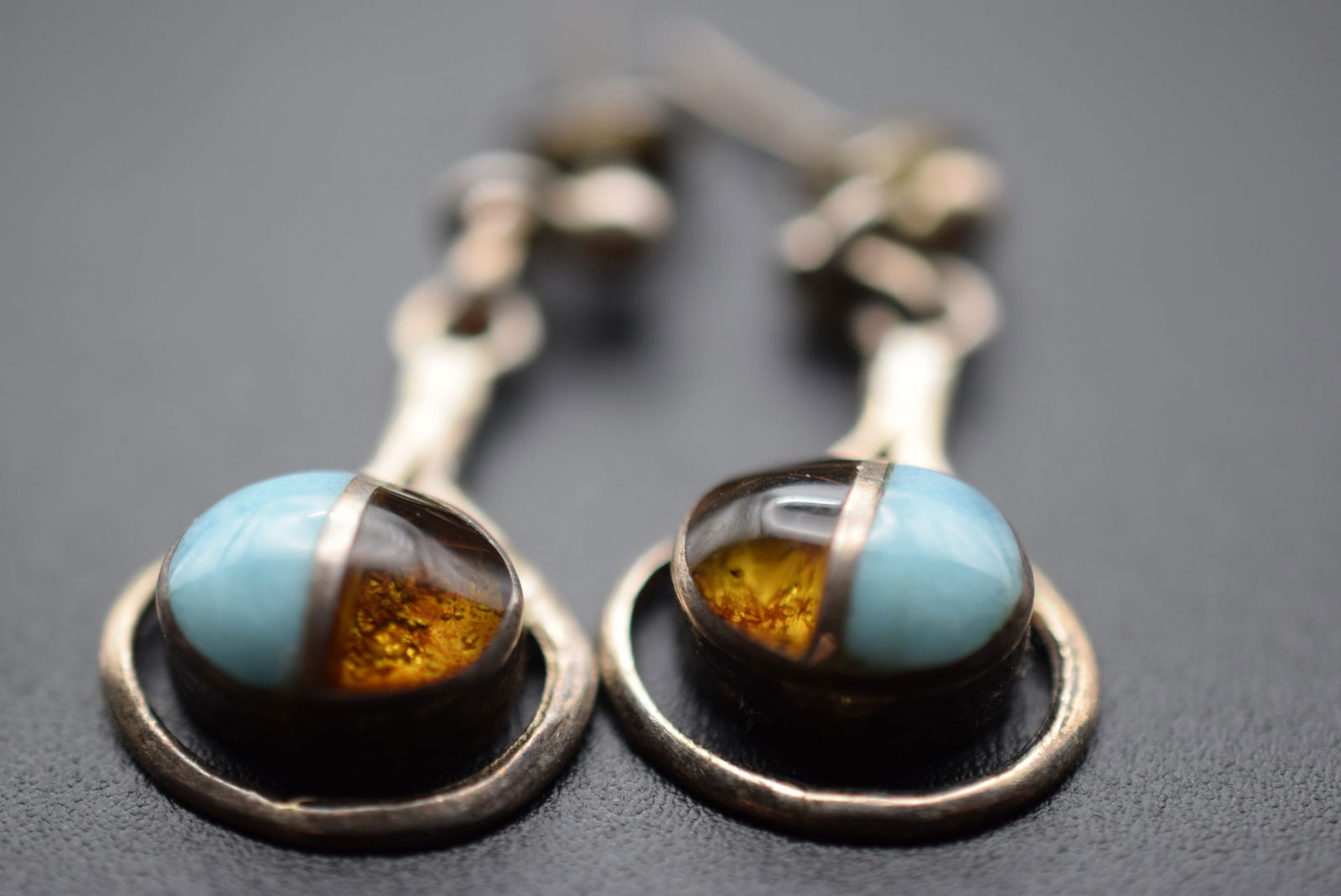 Genuine Larimar Amber Drop Pierced Earrings Sterling Silver 925 Lot EH 845: Genuine Larimar Amber Drop Pierced Earrings Sterling Silver 925 measures 1 1/8" x 5/8" signed 925 weighs 4.86 grams
