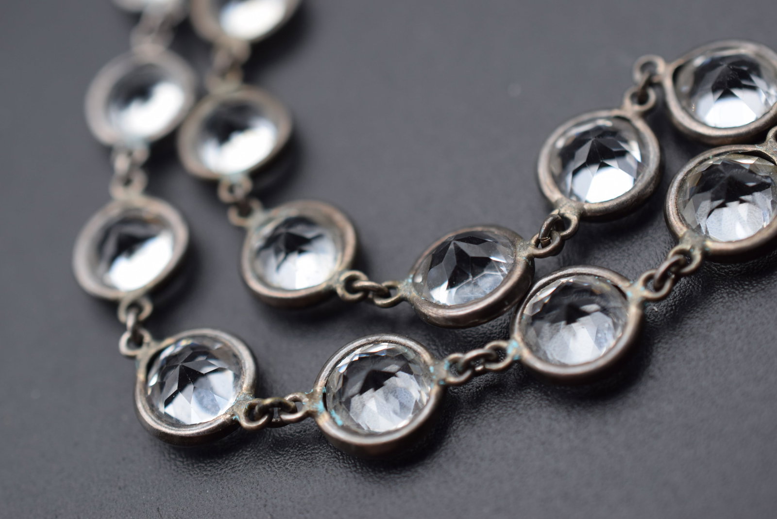 Crystal Vintage Invisible Set Sterling Bracelet Lot EH 976: Crystal Vintage Invisible Set Sterling Bracelet has some verdigris that needs to be cleaned it is as is measures 8" long x 3/8" marvelous crystals