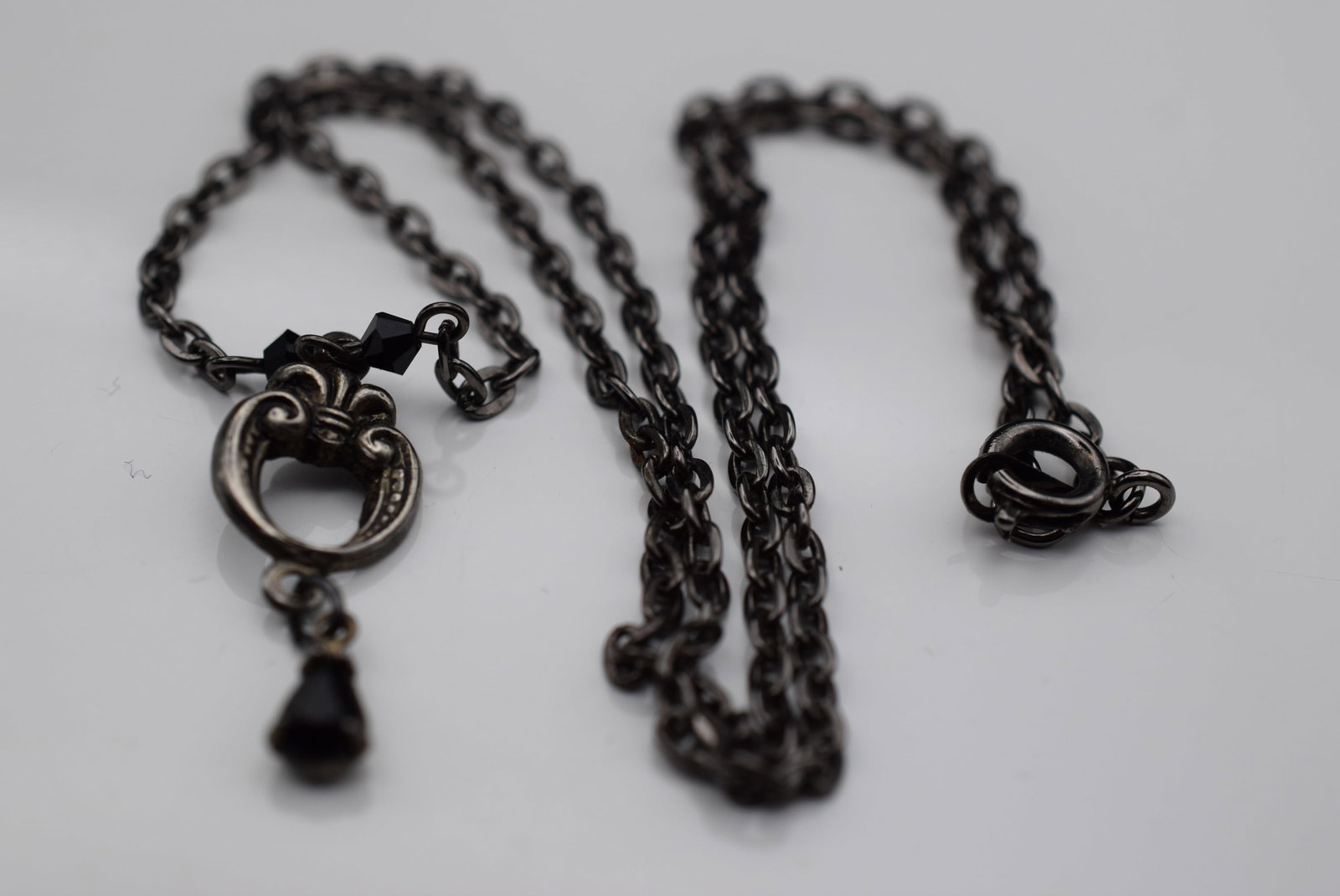 Delicate Necklace Crystals Black Rhinestone Lot EH 1057: Delicate Necklace Crystals Black Rhinestone measures 15" long plus drop pendant 1"