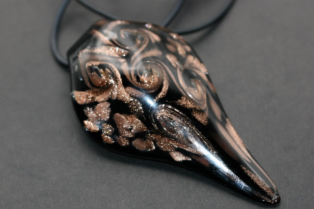 Murano Glass Golden Swirl Modernist Necklace Pendant Lot 1061: Murano Glass Golden Swirl Modernist Necklace Pendant measures a huge 3" x 1 15/8" with a 17" long chain