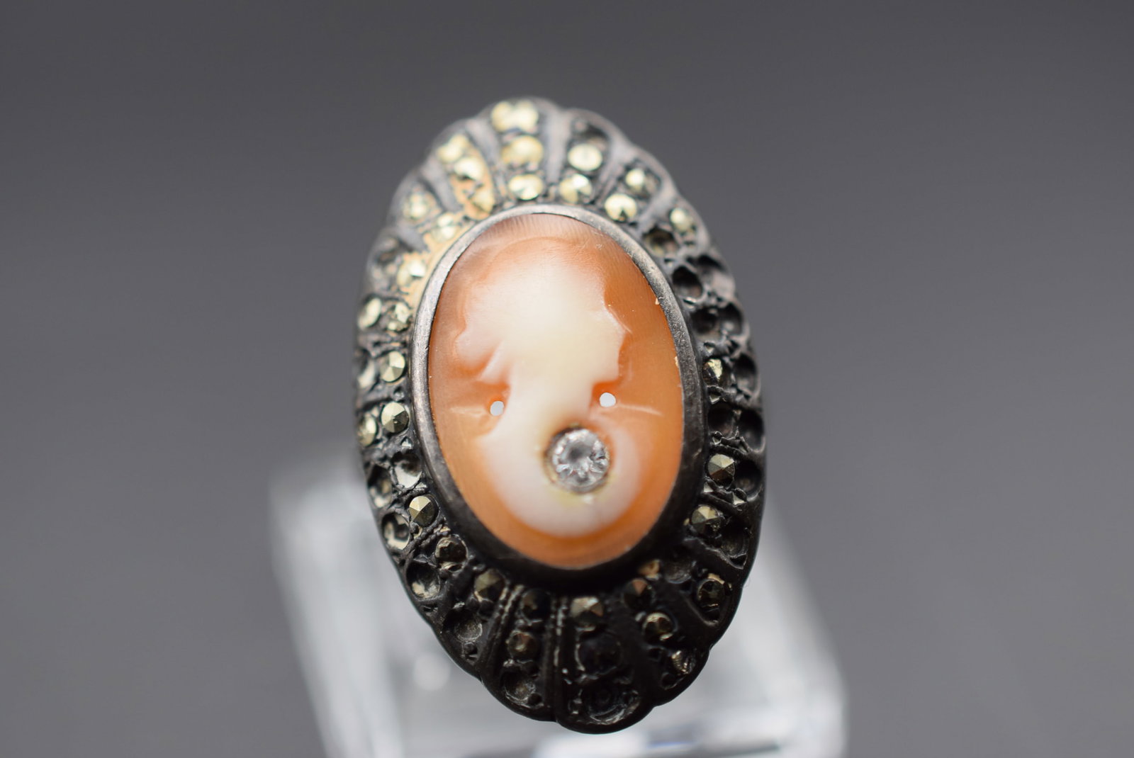Birks Cameo Marcasite 1930's Sterling Silver 925 Vintage Ring Size 4.25 Lot EH 1068: Birks Cameo Marcasite 1930's Sterling Silver 925 Vintage Ring Size 4.25 measures 1 1/8" signed HB Sterling TLC Missing many marcasites weighs 4.56 grams