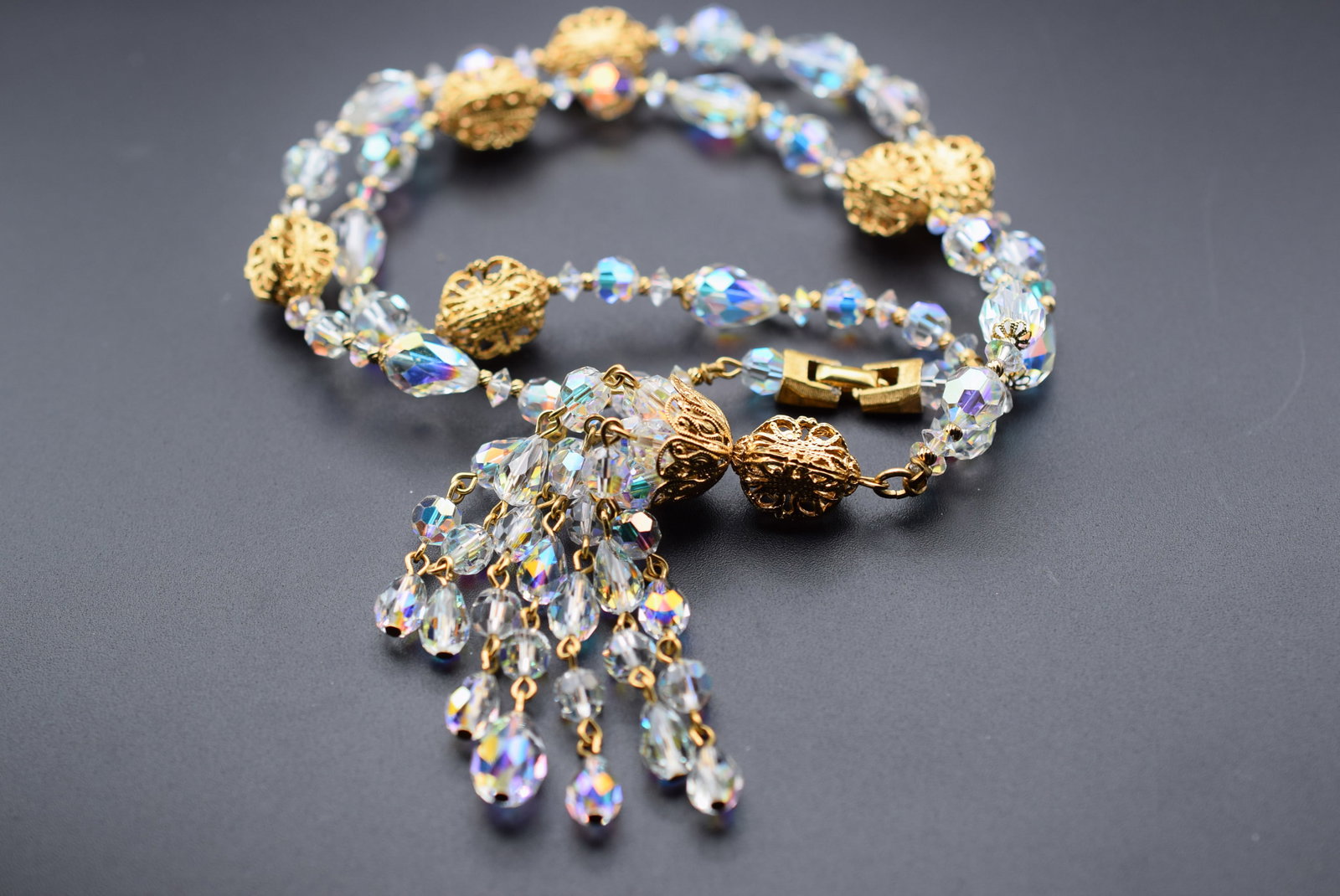 Sherman Crystal Filigree Drop Dangle 1940's Signed Necklace Vintage Lot EH 1139: Sherman Crystal Filigree Drop Dangle 1940's Signed Necklace Vintage measures 22" long plus the drop center 3 1/2" Signed Sherman on the clasp