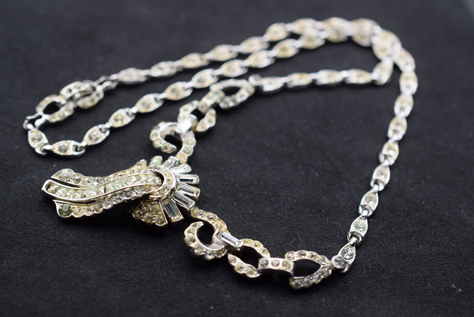 1930's Coro Rhinestone Necklace Exquisite Signed Coro Vintage Lot EH 1219: 1930's Coro Rhinestone Necklace Exquisite Signed Coro Vintage measures 16" x 1 1/2" drop front