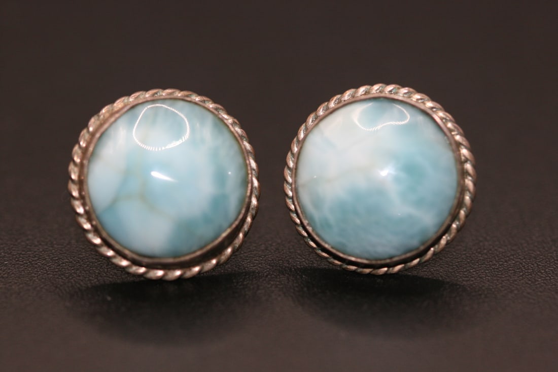 Larimar Button Pierced Sterling Silver 925 Earrings .Lot#40 (1 of 3)